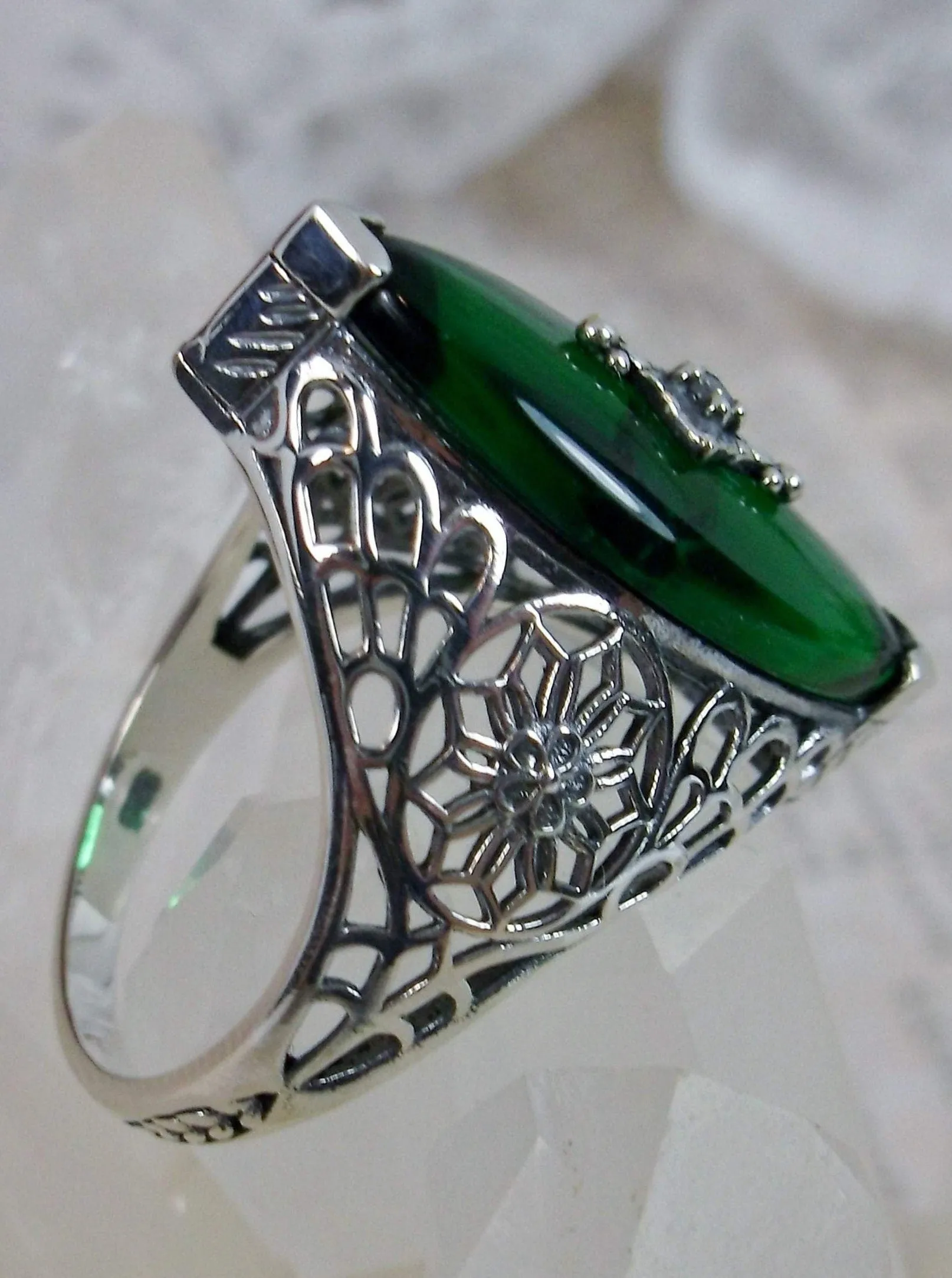Marquise Ring, Green Camphor Glass, Edwardian Style Jewelry #D236
