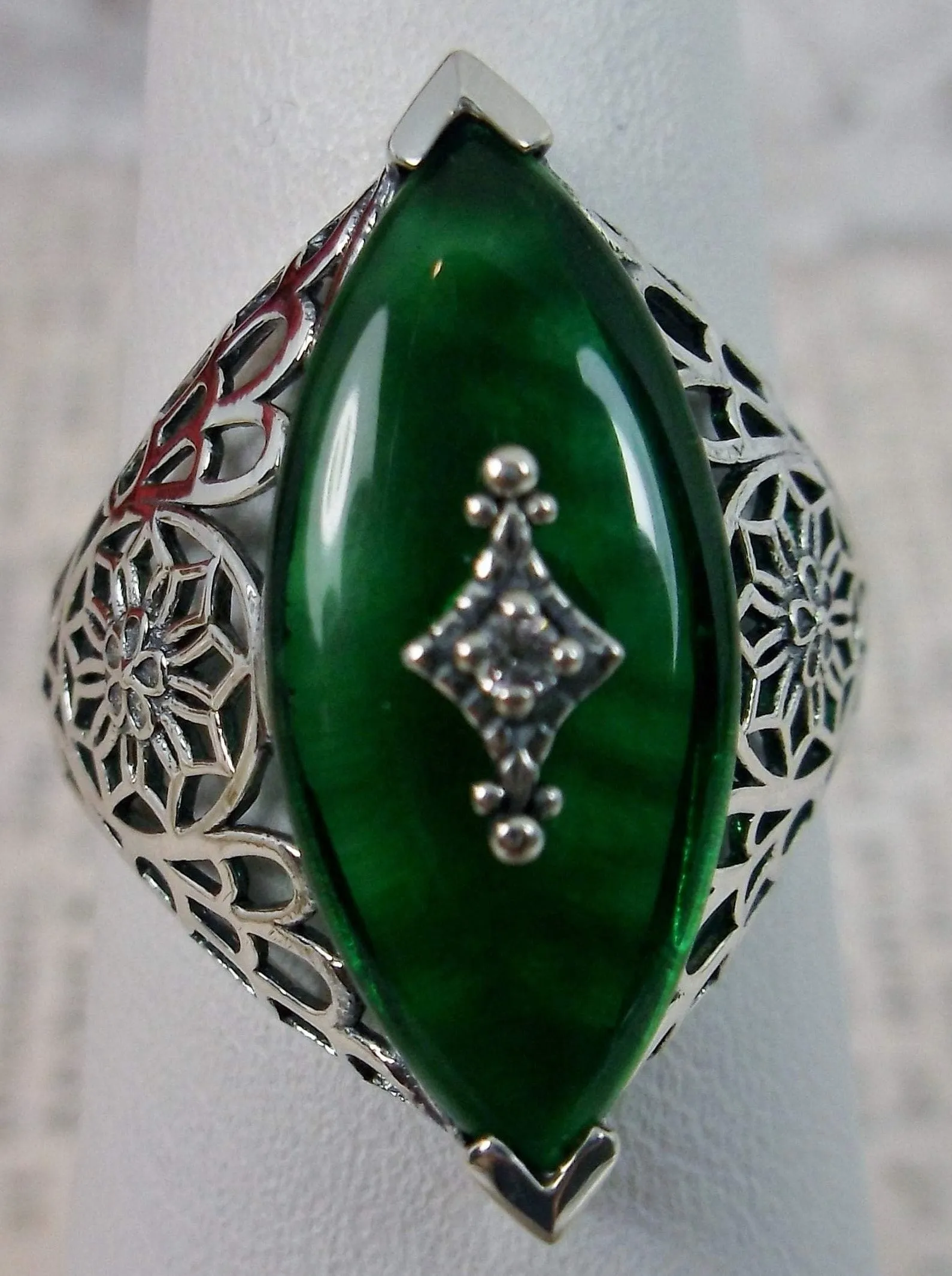 Marquise Ring, Green Camphor Glass, Edwardian Style Jewelry #D236