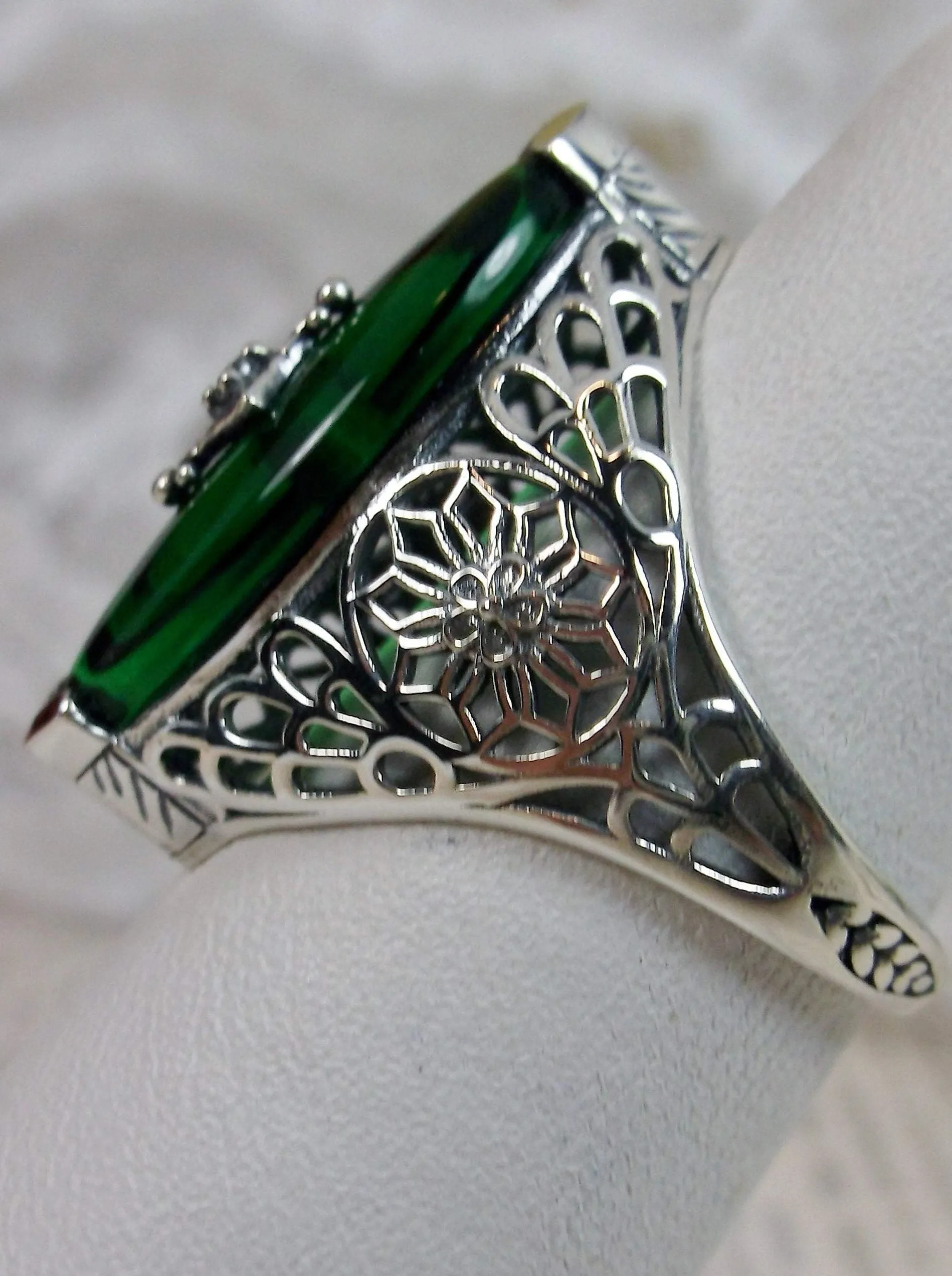 Marquise Ring, Green Camphor Glass, Edwardian Style Jewelry #D236
