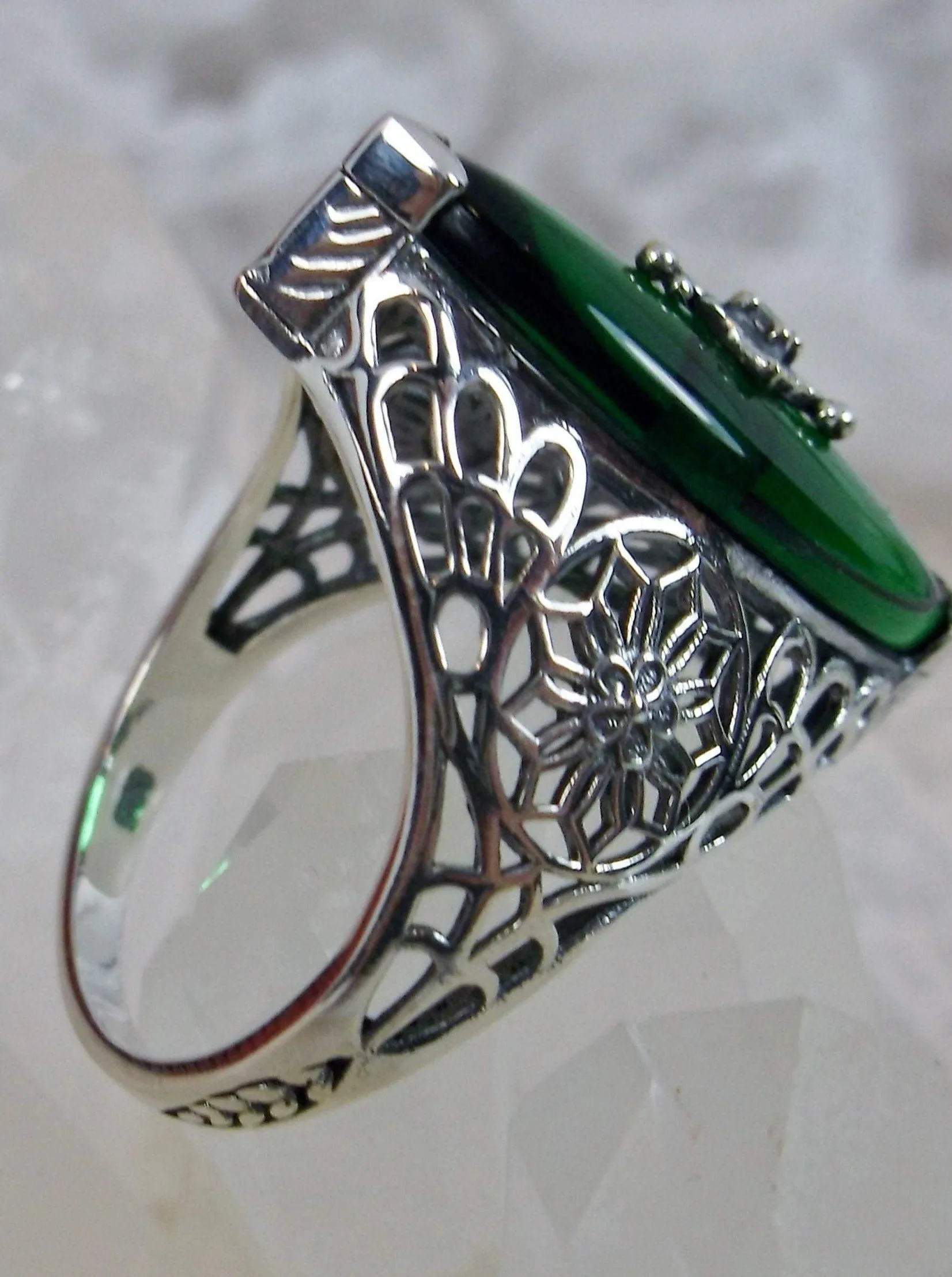 Marquise Ring, Green Camphor Glass, Edwardian Style Jewelry #D236