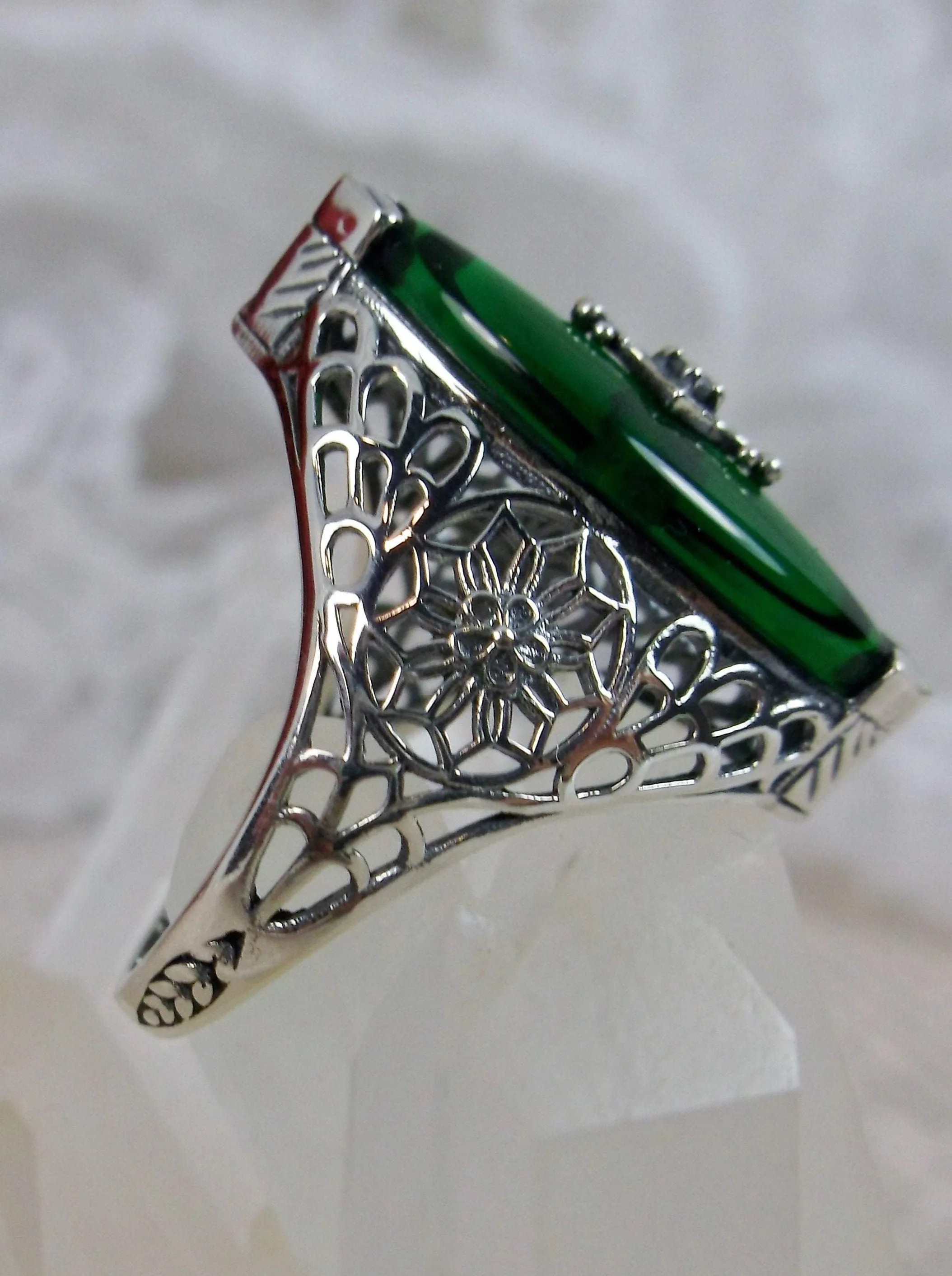 Marquise Ring, Green Camphor Glass, Edwardian Style Jewelry #D236