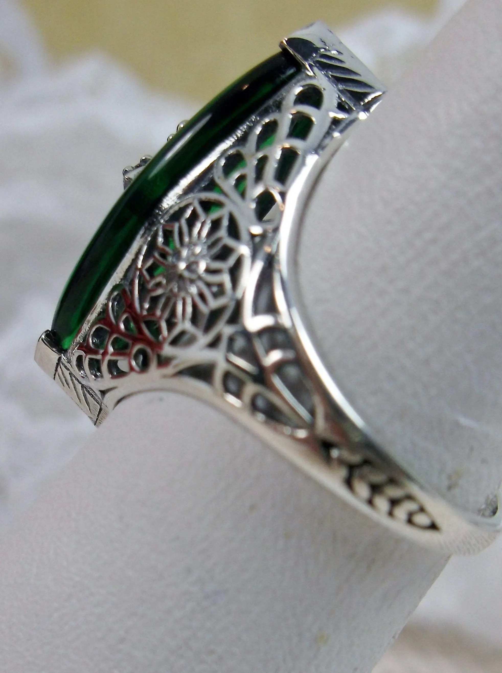 Marquise Ring, Green Camphor Glass, Edwardian Style Jewelry #D236