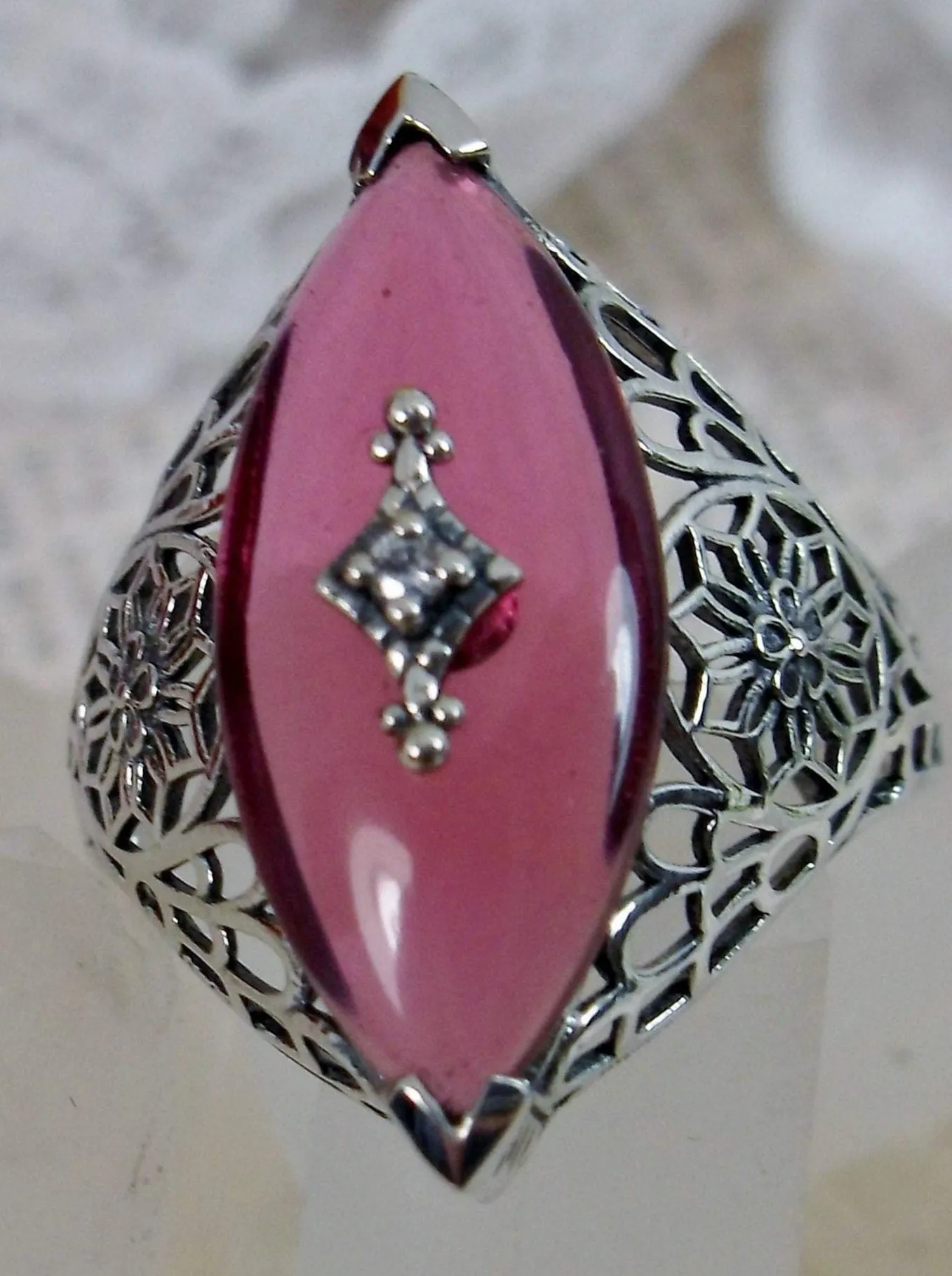 Marquise Ring, Pink Camphor Glass, Edwardian Style Jewelry #D236