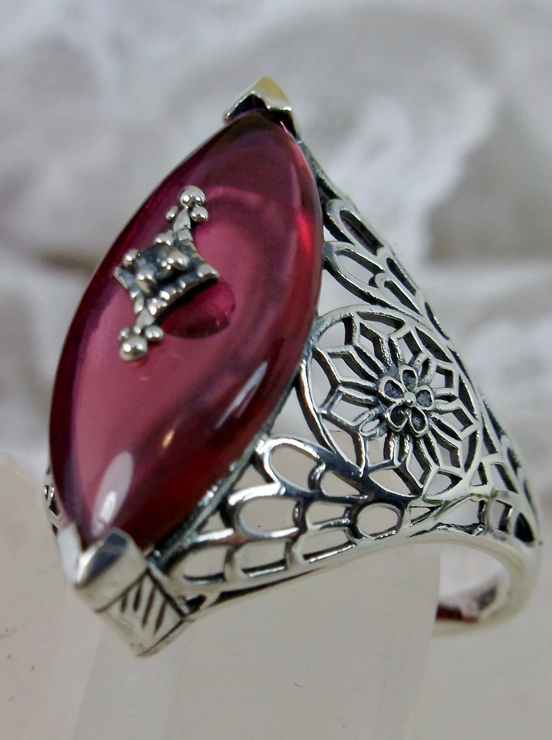 Marquise Ring, Pink Camphor Glass, Edwardian Style Jewelry #D236