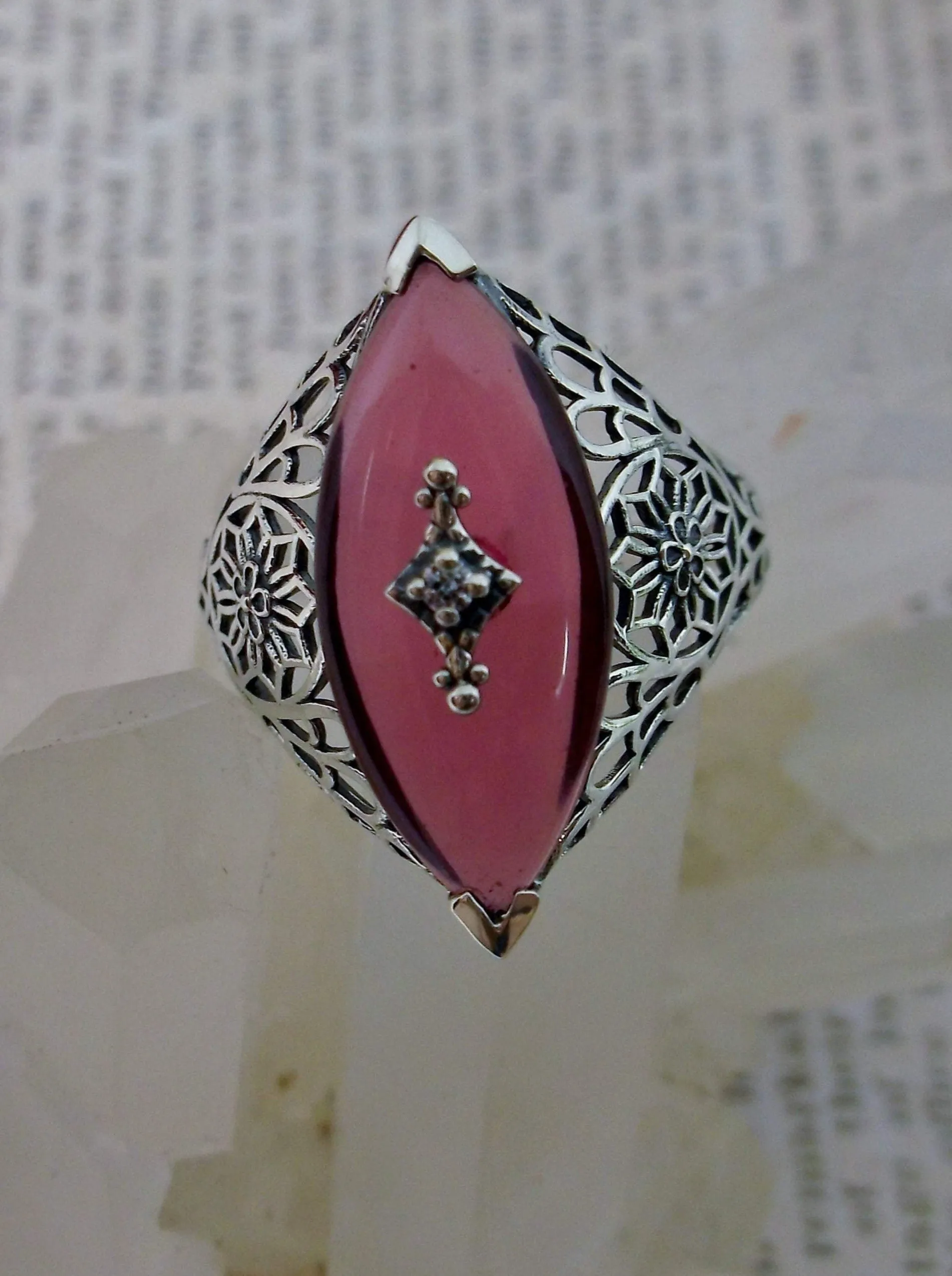 Marquise Ring, Pink Camphor Glass, Edwardian Style Jewelry #D236