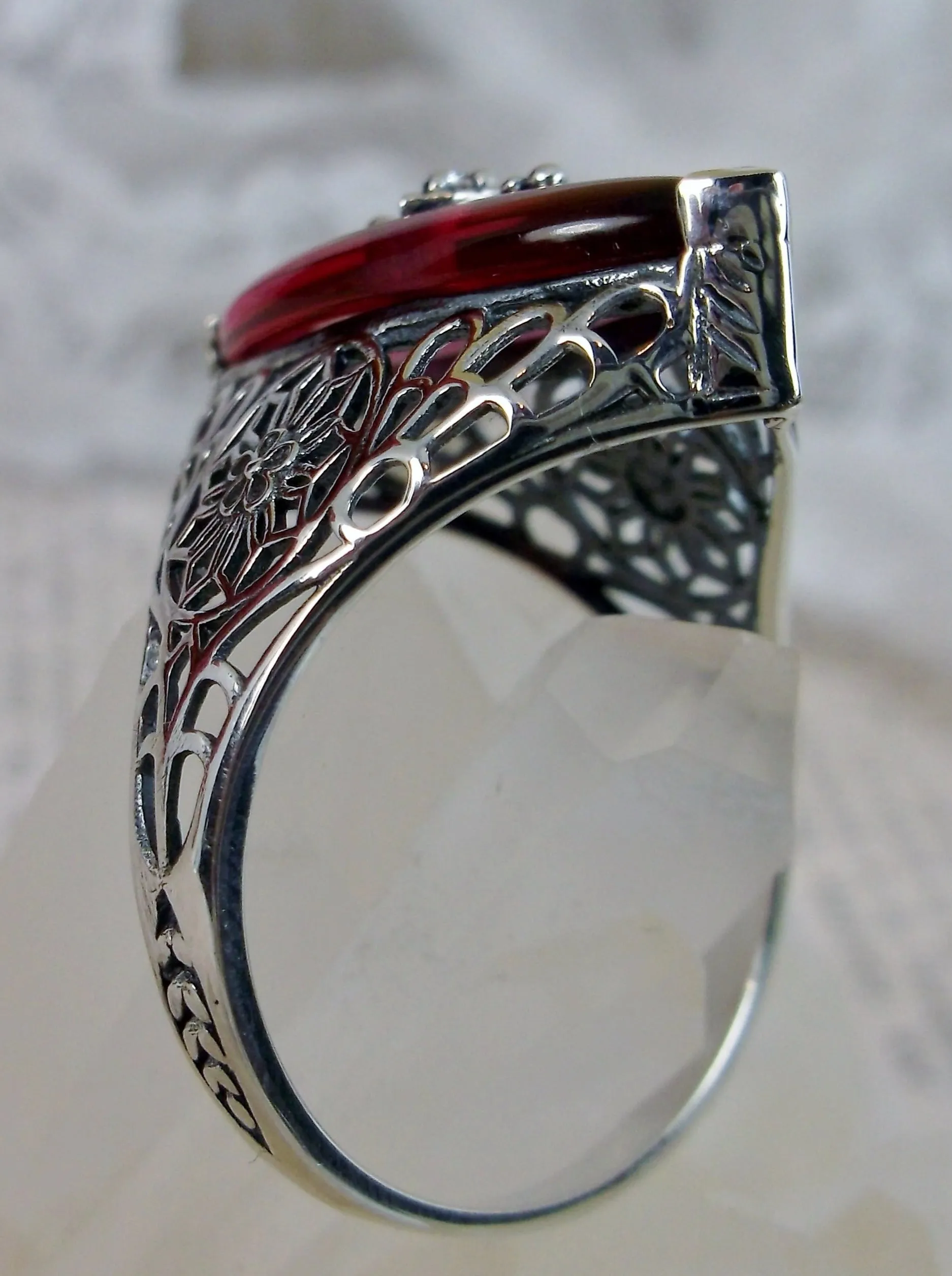 Marquise Ring, Pink Camphor Glass, Edwardian Style Jewelry #D236