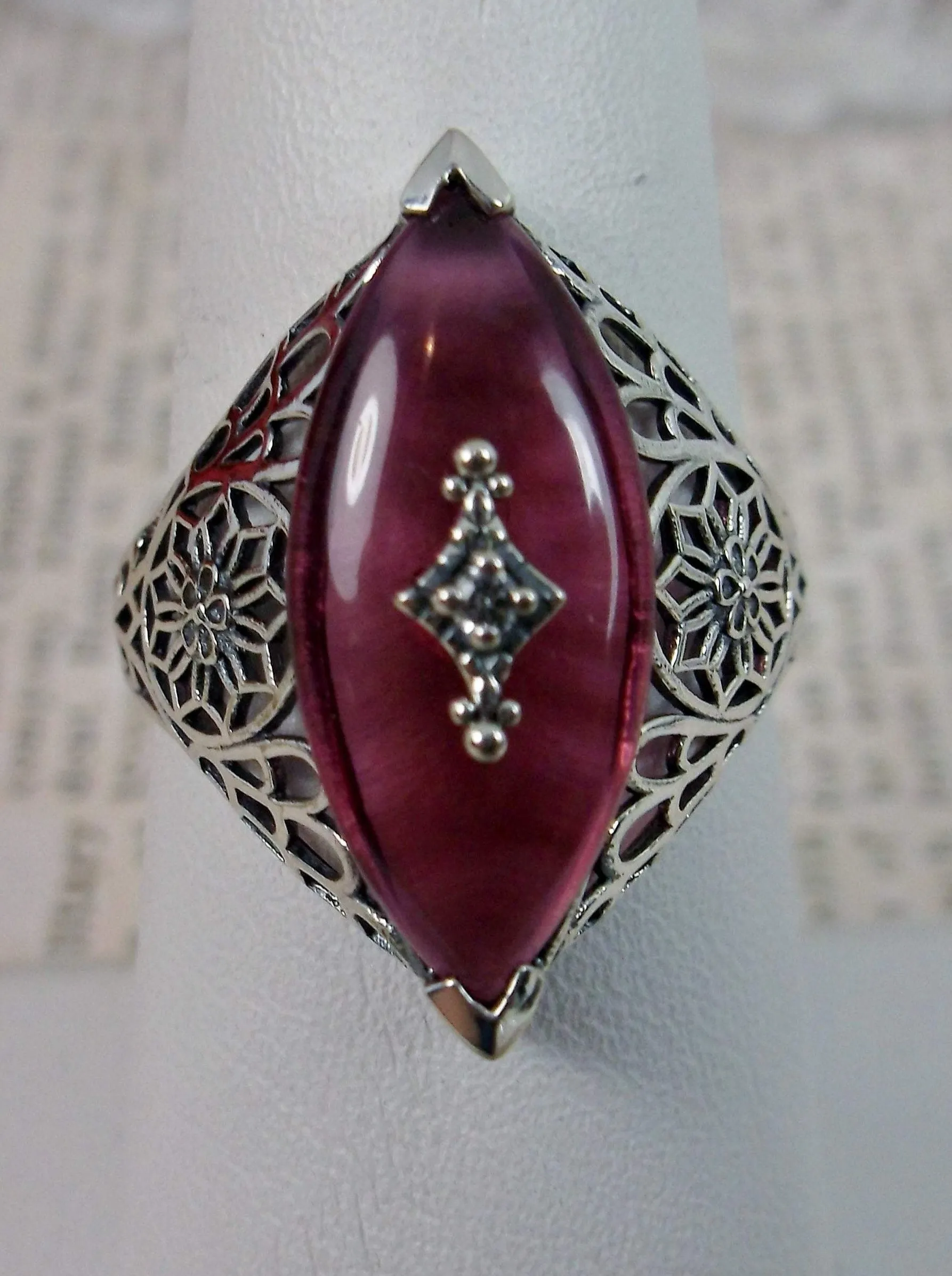 Marquise Ring, Pink Camphor Glass, Edwardian Style Jewelry #D236