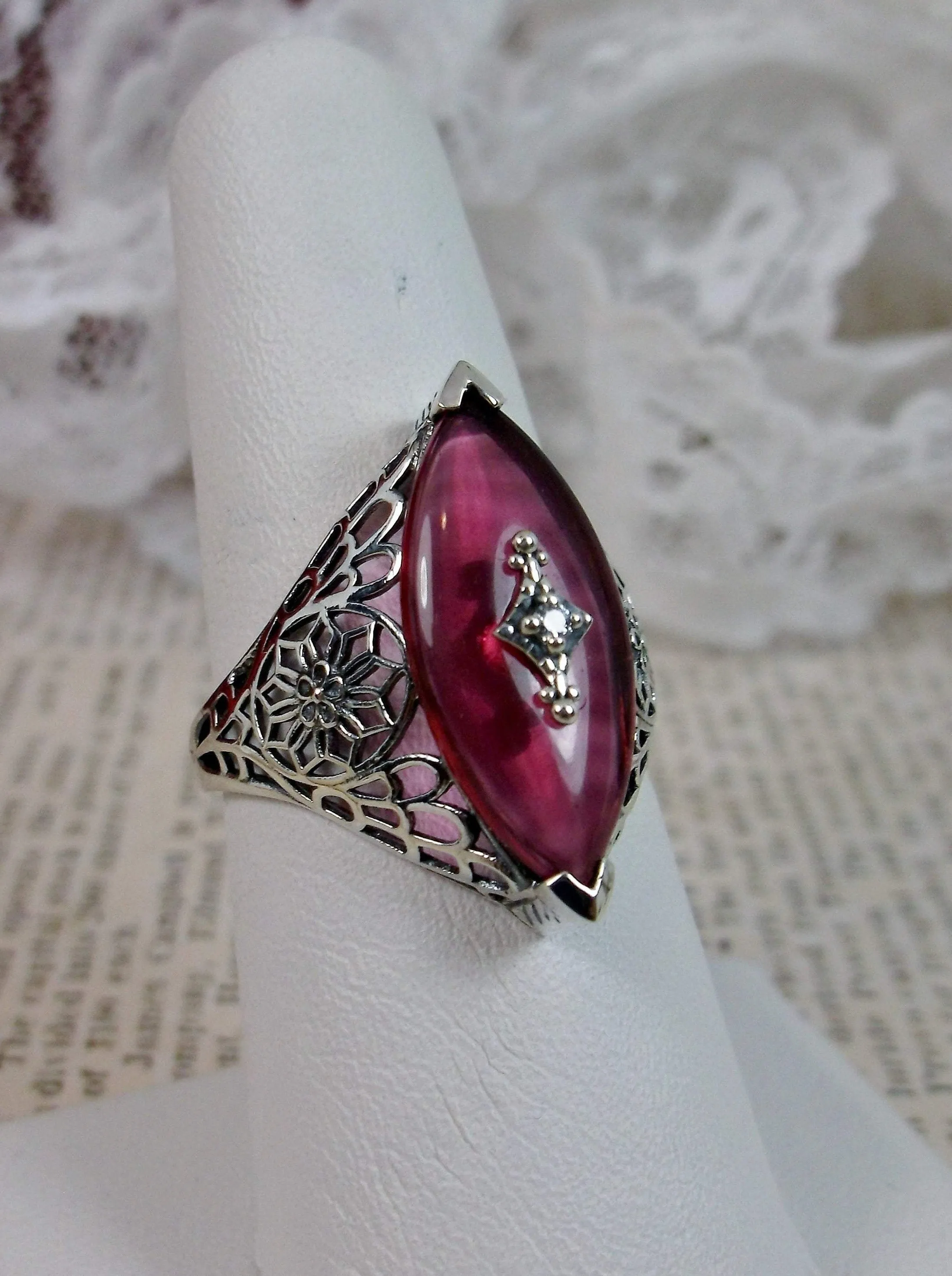 Marquise Ring, Pink Camphor Glass, Edwardian Style Jewelry #D236