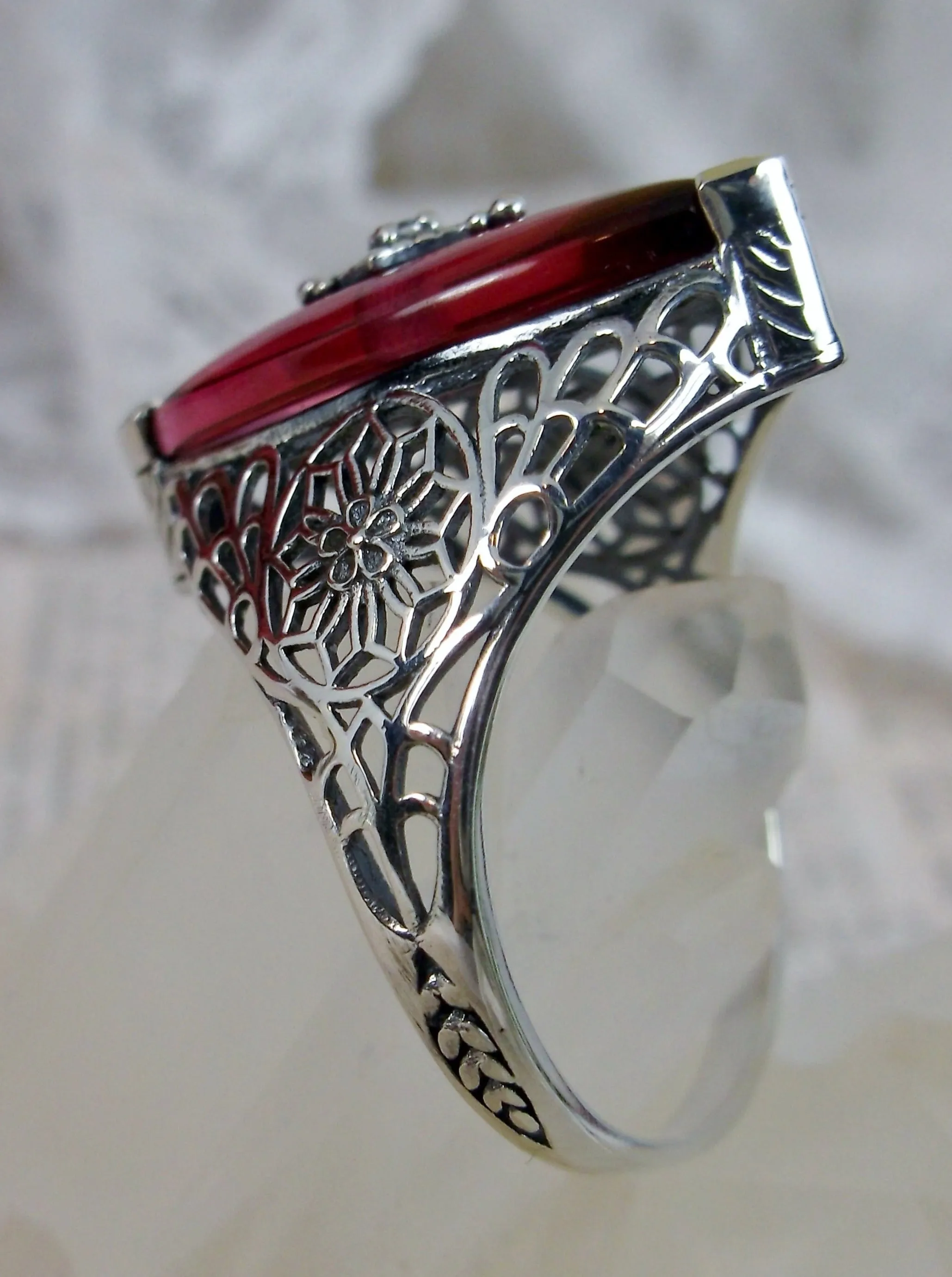 Marquise Ring, Pink Camphor Glass, Edwardian Style Jewelry #D236