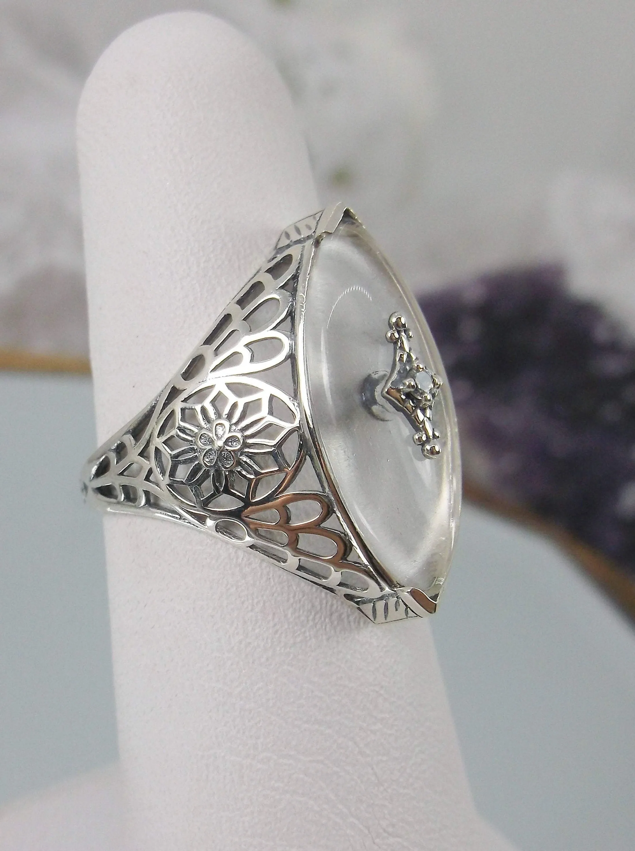 Marquise Ring, White Camphor Glass, Edwardian Style Jewelry #D236