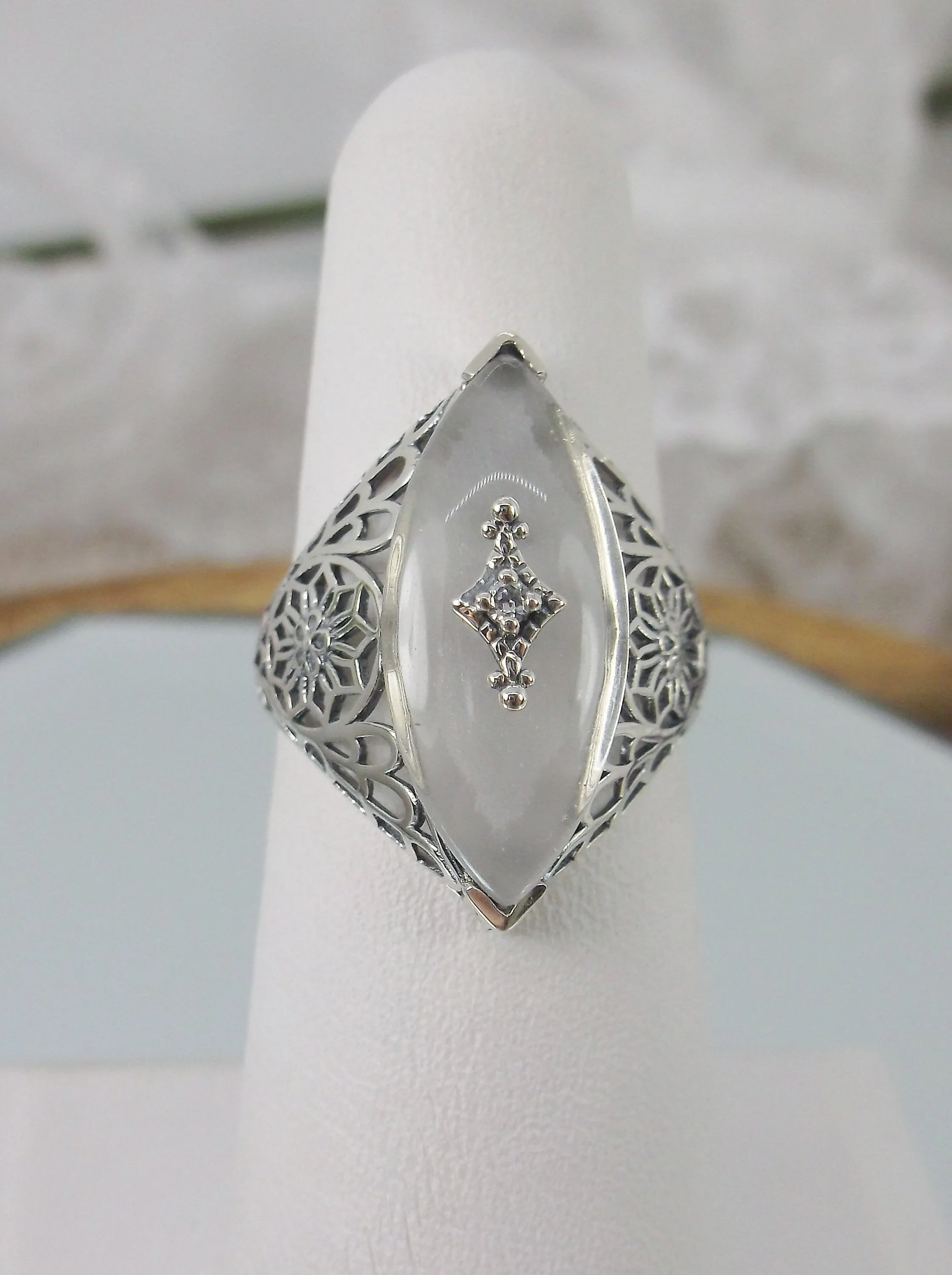 Marquise Ring, White Camphor Glass, Edwardian Style Jewelry #D236