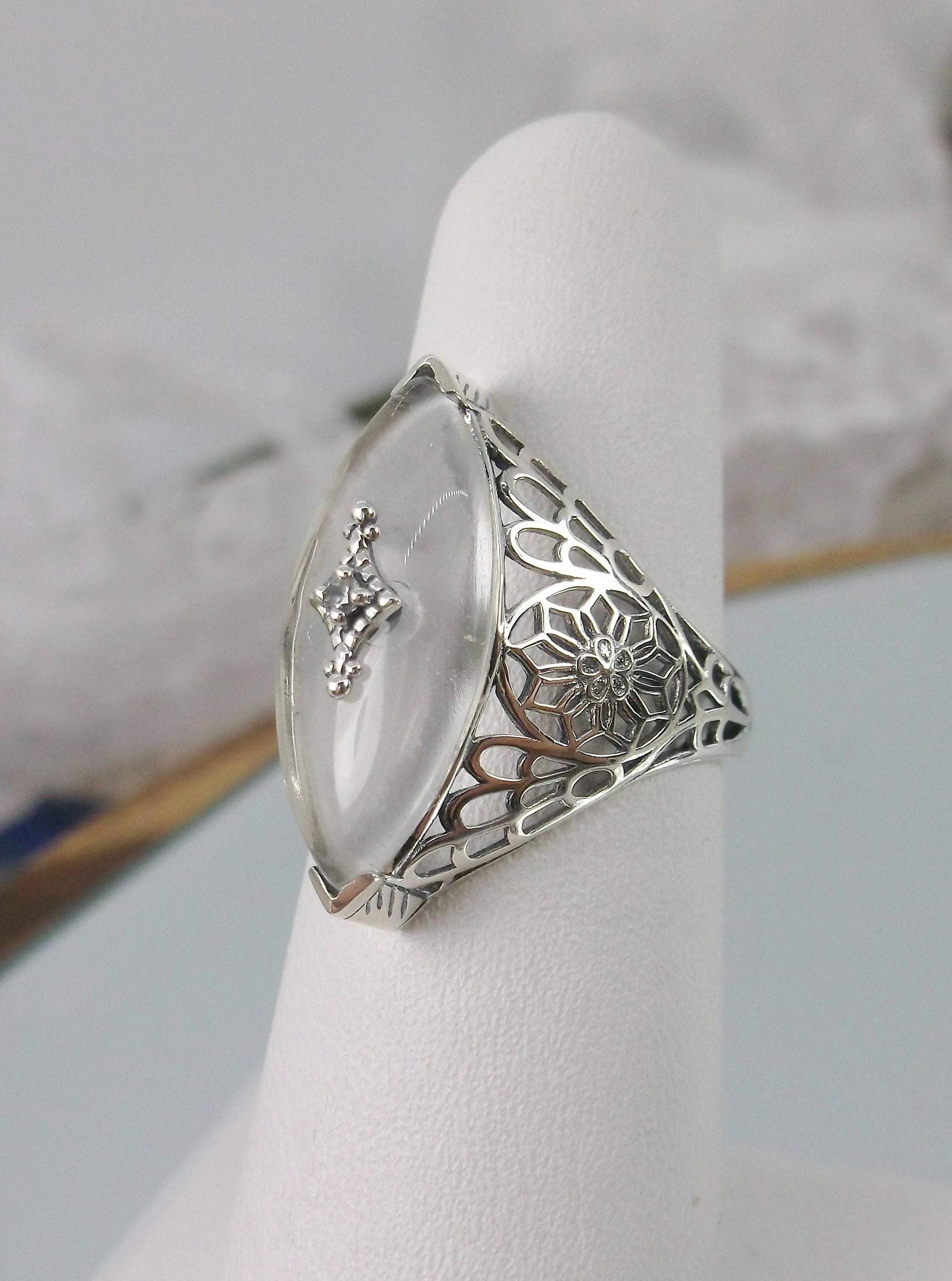 Marquise Ring, White Camphor Glass, Edwardian Style Jewelry #D236