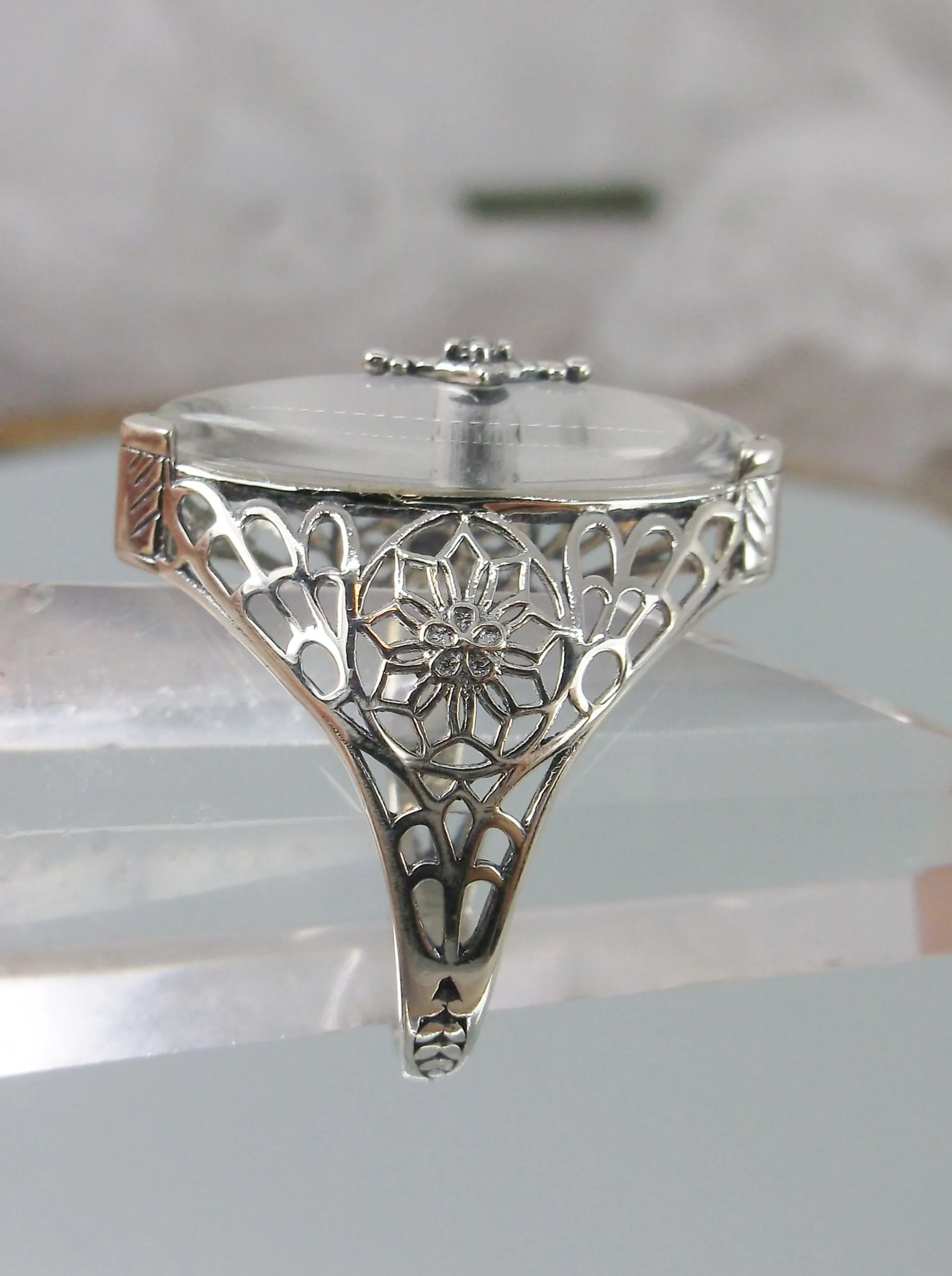 Marquise Ring, White Camphor Glass, Edwardian Style Jewelry #D236
