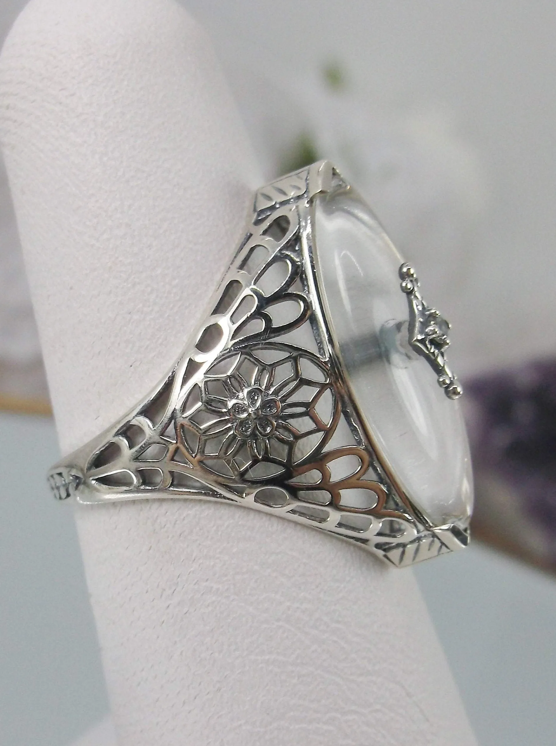 Marquise Ring, White Camphor Glass, Edwardian Style Jewelry #D236