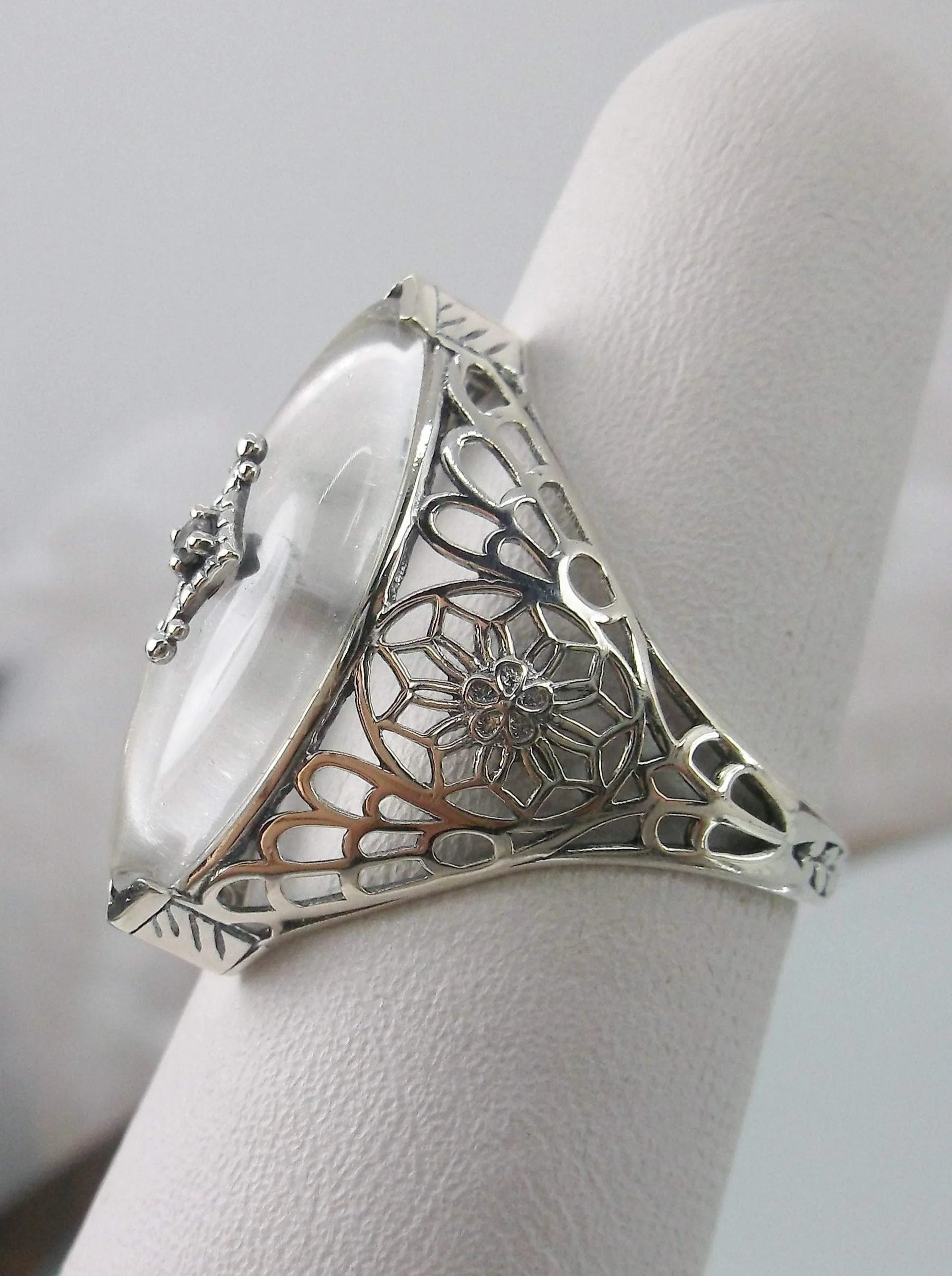 Marquise Ring, White Camphor Glass, Edwardian Style Jewelry #D236
