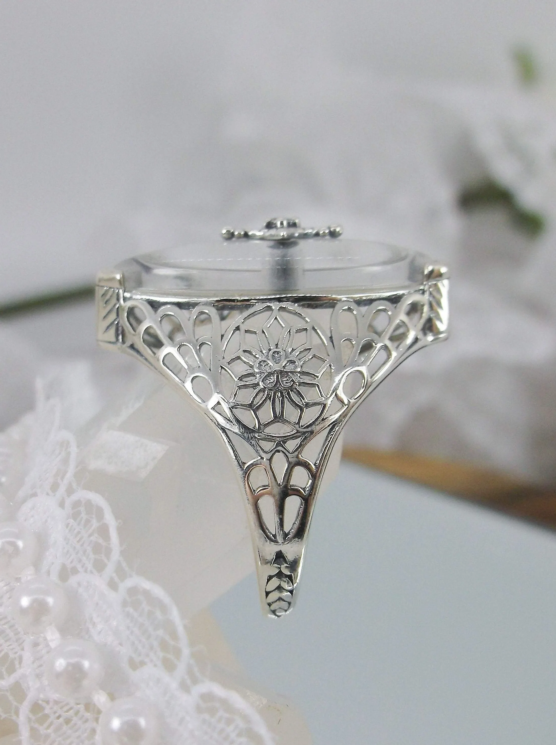 Marquise Ring, White Camphor Glass, Edwardian Style Jewelry #D236
