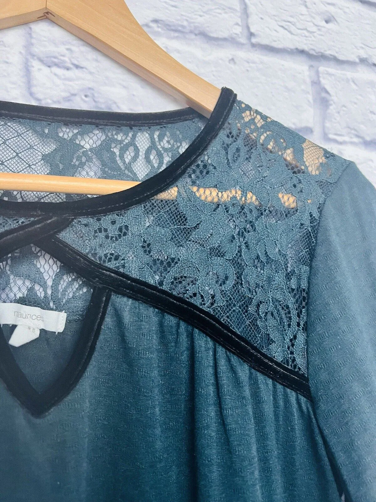MAURICES  Dark Green Long Sleeve Top Sz M Velvet Trim Lace Boho Whimsigoth