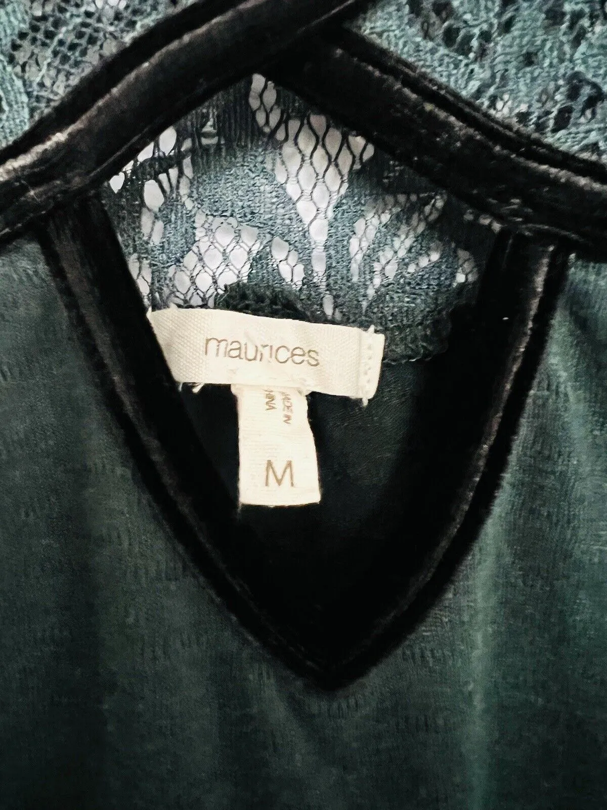 MAURICES  Dark Green Long Sleeve Top Sz M Velvet Trim Lace Boho Whimsigoth