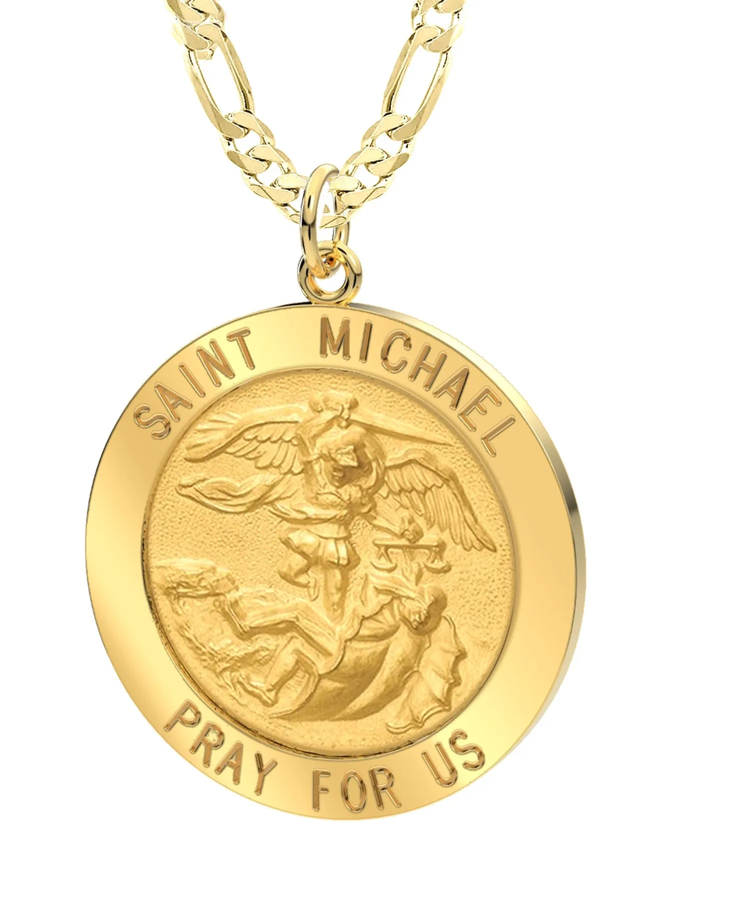 Men's 14k Yellow Gold Round St Saint Michael Solid Medal Pendant Necklace, 25mm