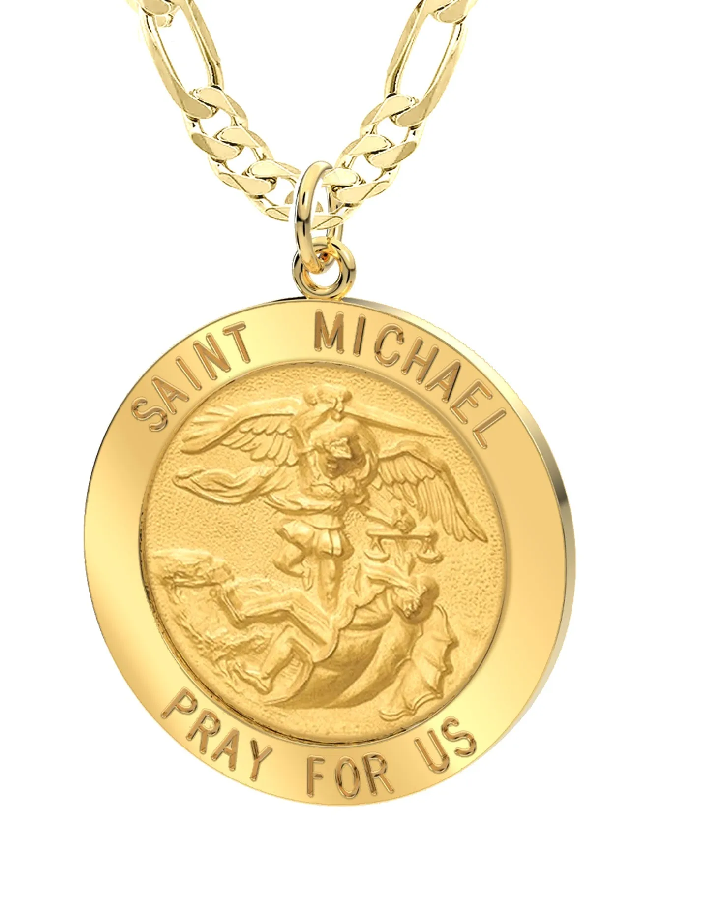 Men's 14k Yellow Gold Round St Saint Michael Solid Medal Pendant Necklace, 25mm