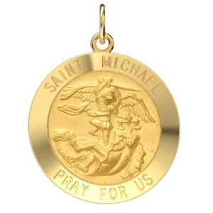 Men's 14k Yellow Gold Round St Saint Michael Solid Medal Pendant Necklace, 25mm