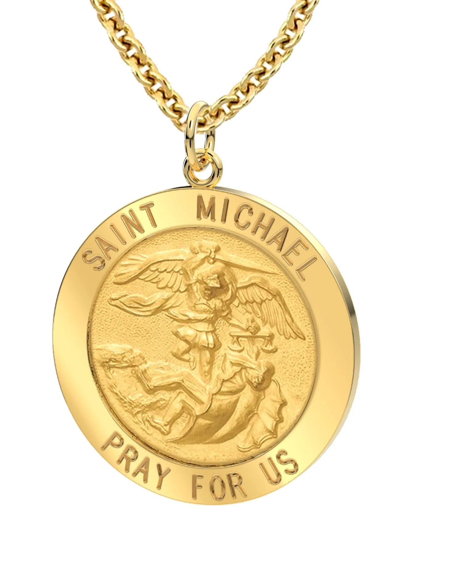Men's 14k Yellow Gold Round St Saint Michael Solid Medal Pendant Necklace, 25mm