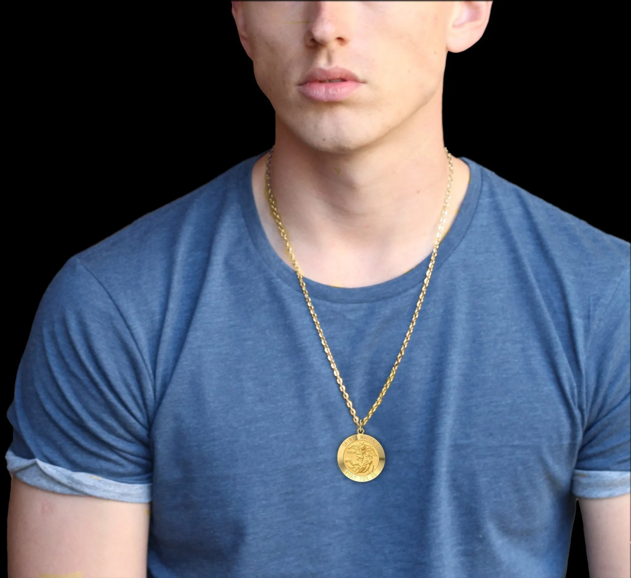 Men's 14k Yellow Gold Round St Saint Michael Solid Medal Pendant Necklace, 25mm