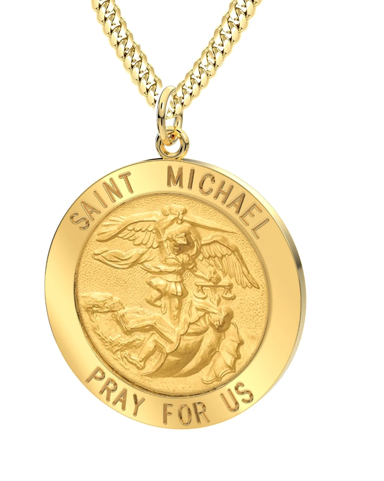 Men's 14k Yellow Gold Round St Saint Michael Solid Medal Pendant Necklace, 25mm