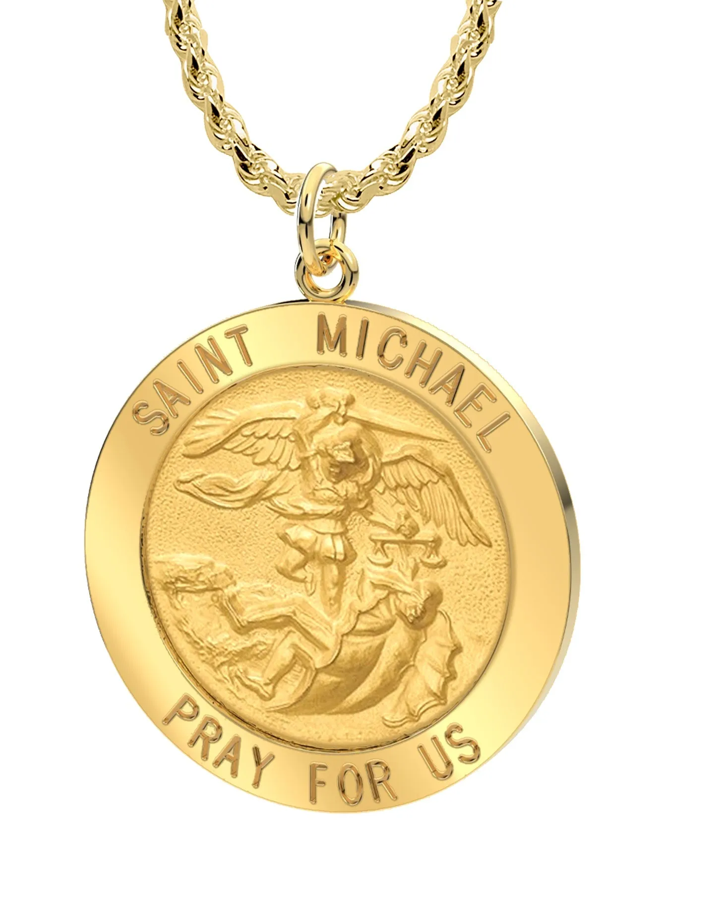 Men's 14k Yellow Gold Round St Saint Michael Solid Medal Pendant Necklace, 25mm