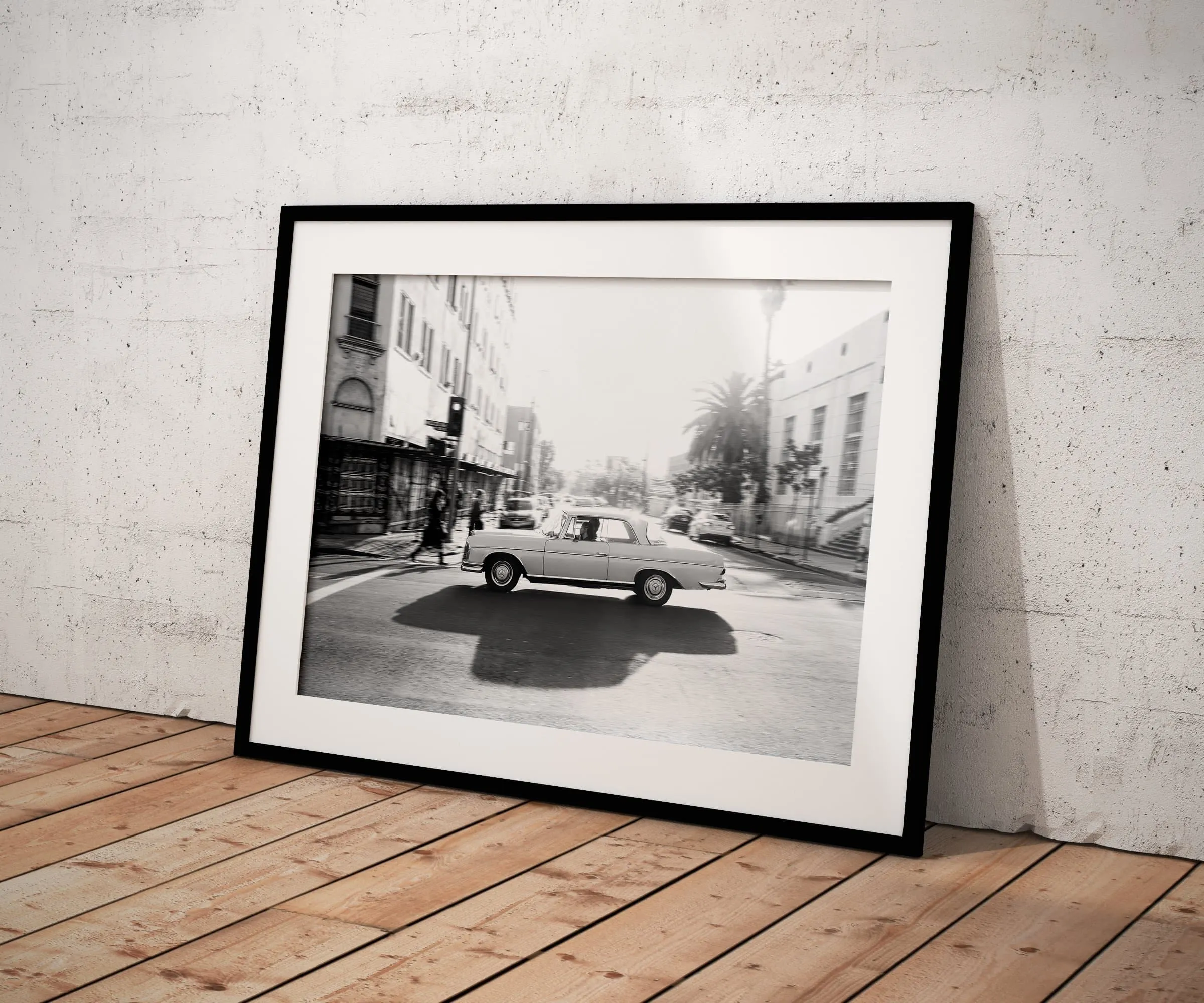 Mercedes Benz cruising in Hollywood, Black & White Print
