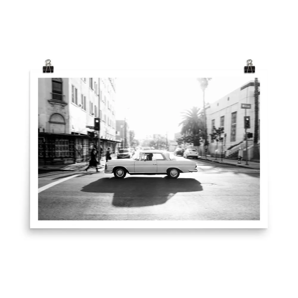 Mercedes Benz cruising in Hollywood, Black & White Print
