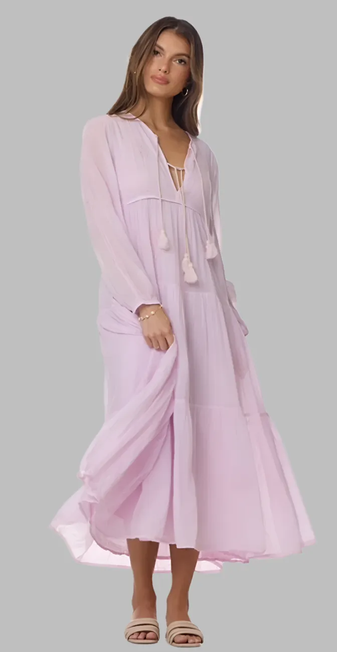 Mylene Embroidered Maxi Dress Long Sleeves Lavender