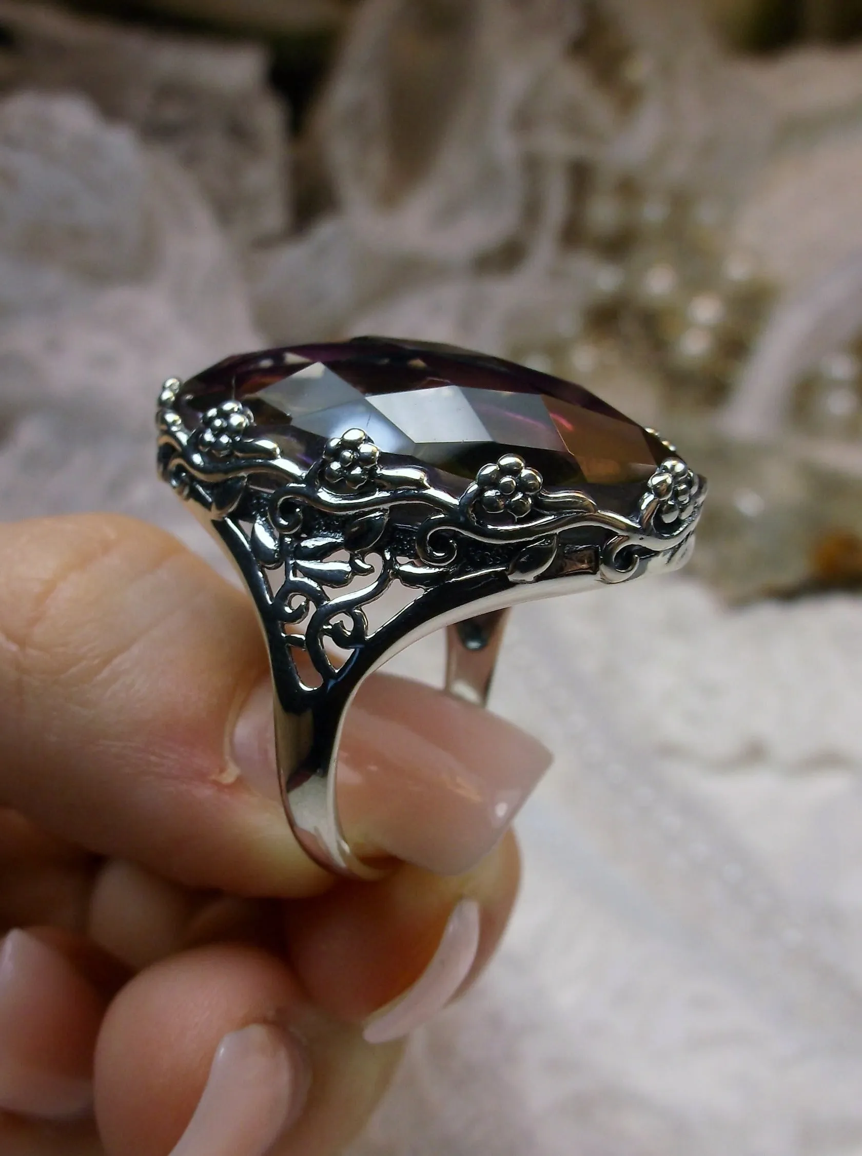 Mystic Topaz Ring, Large Oval gem, Vintage Reproduction Jewelry #D97