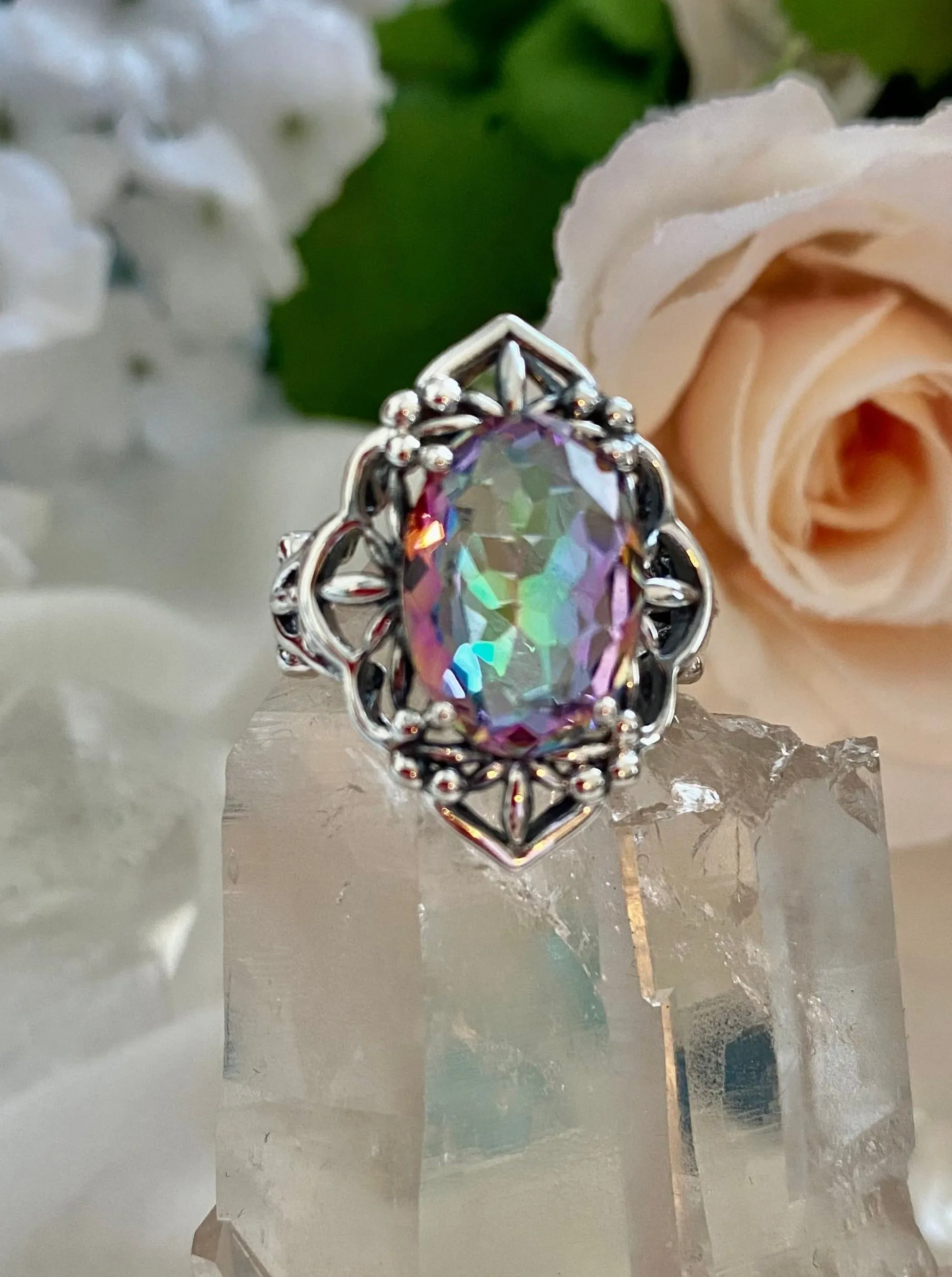 Mystic Topaz Ring, Natural or Simulated Gem, Gothic Filigree Ring - Vintage Jewelry D98