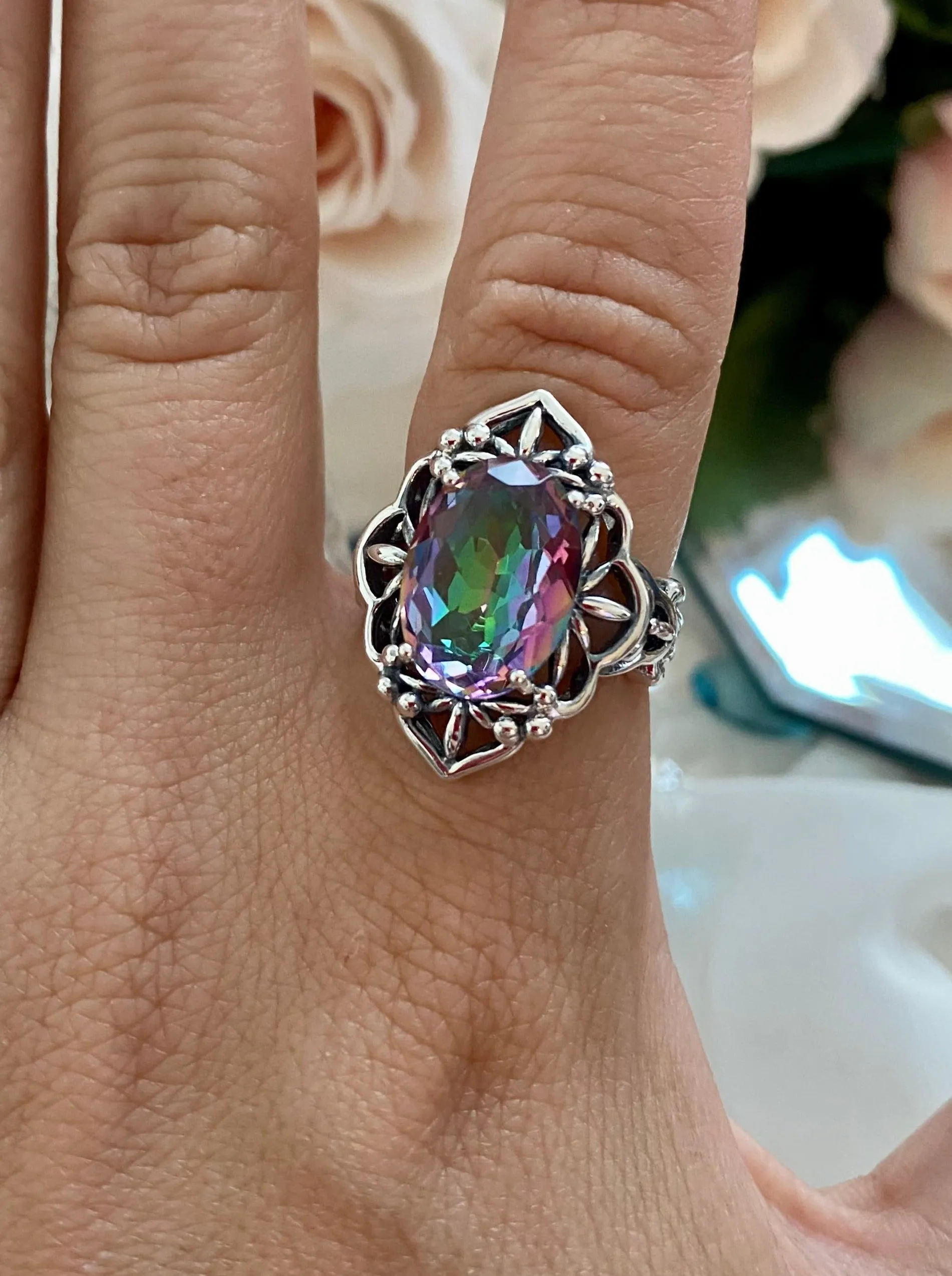 Mystic Topaz Ring, Natural or Simulated Gem, Gothic Filigree Ring - Vintage Jewelry D98
