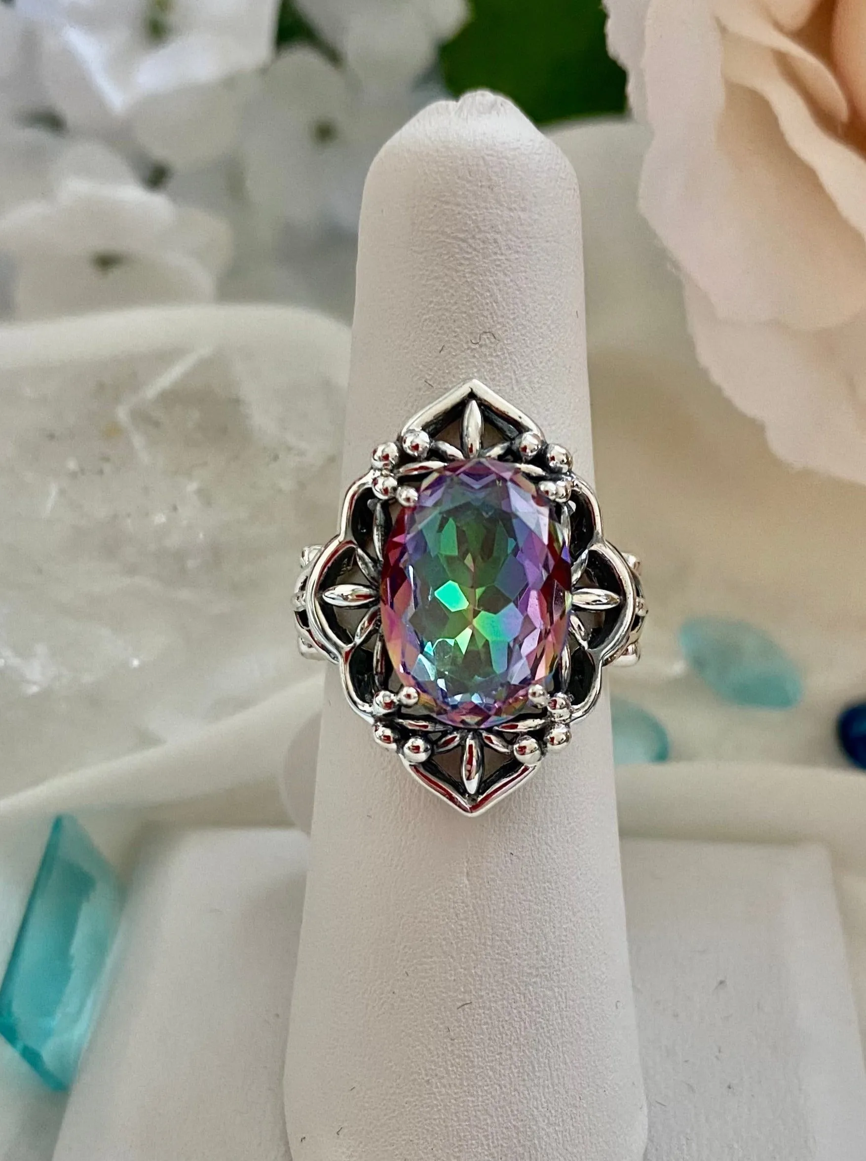 Mystic Topaz Ring, Natural or Simulated Gem, Gothic Filigree Ring - Vintage Jewelry D98