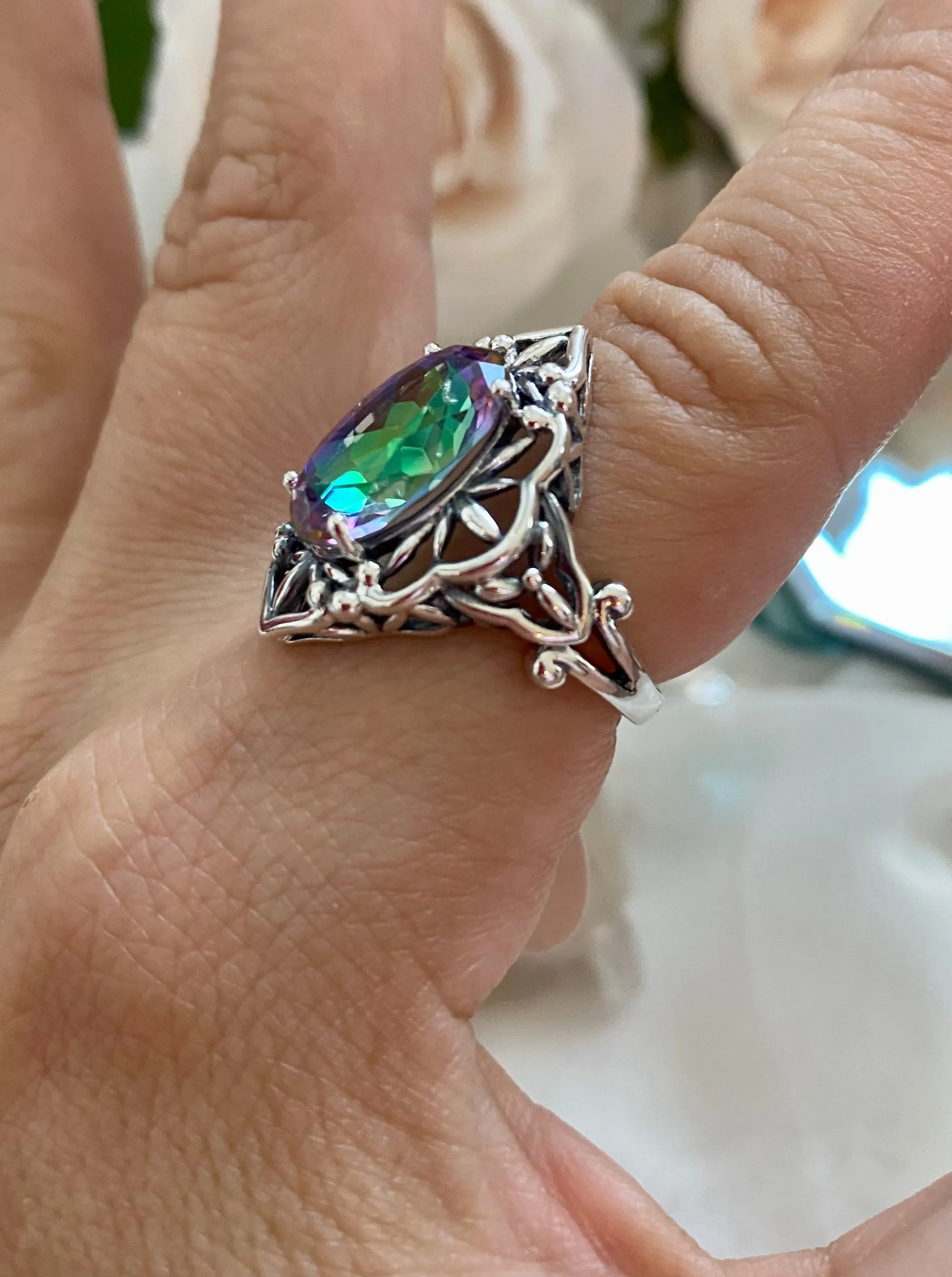 Mystic Topaz Ring, Natural or Simulated Gem, Gothic Filigree Ring - Vintage Jewelry D98