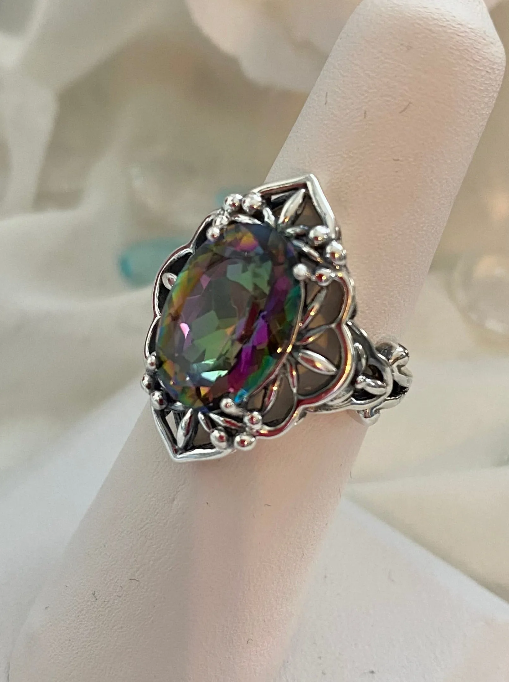 Mystic Topaz Ring, Natural or Simulated Gem, Gothic Filigree Ring - Vintage Jewelry D98