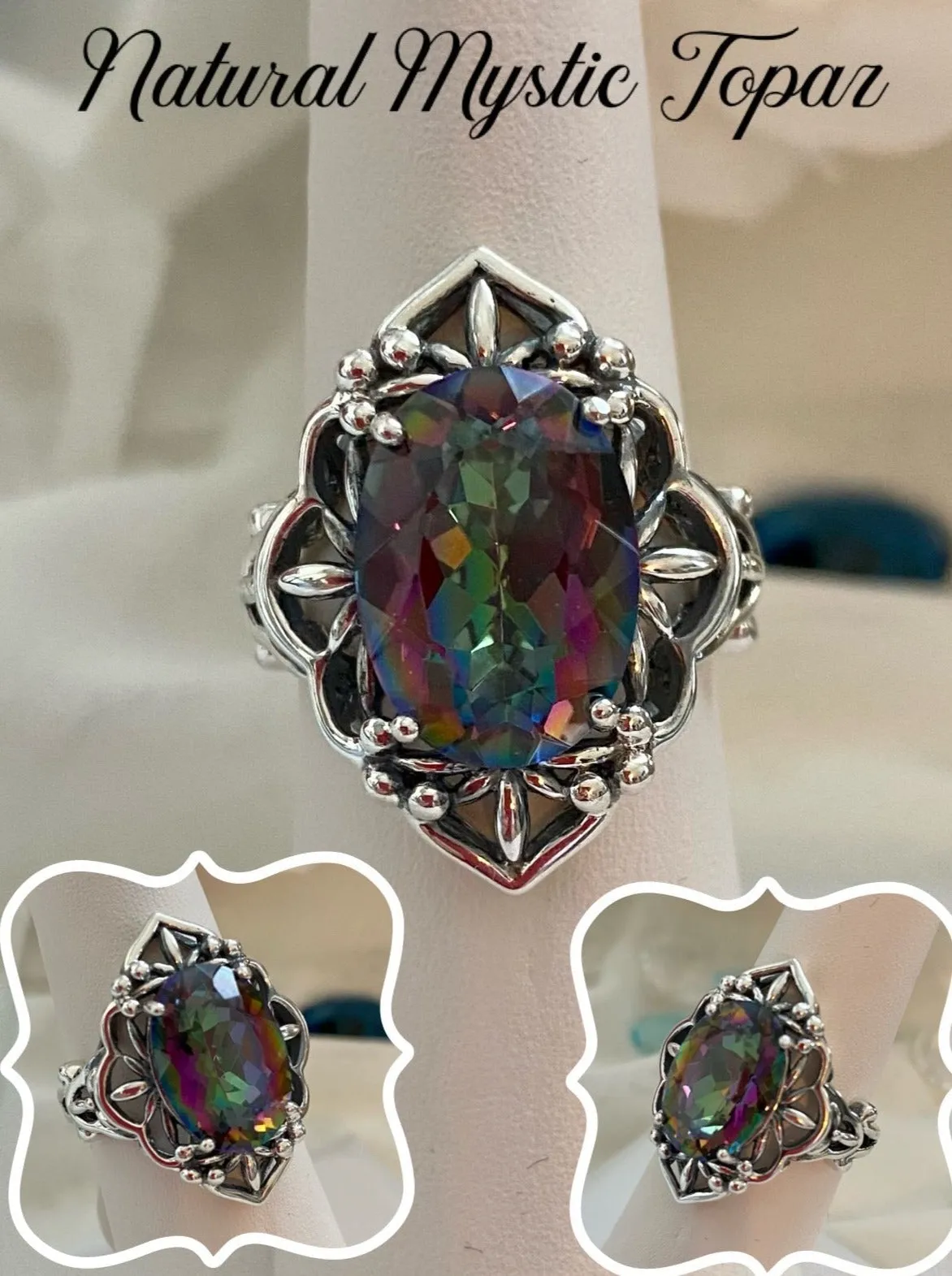Mystic Topaz Ring, Natural or Simulated Gem, Gothic Filigree Ring - Vintage Jewelry D98
