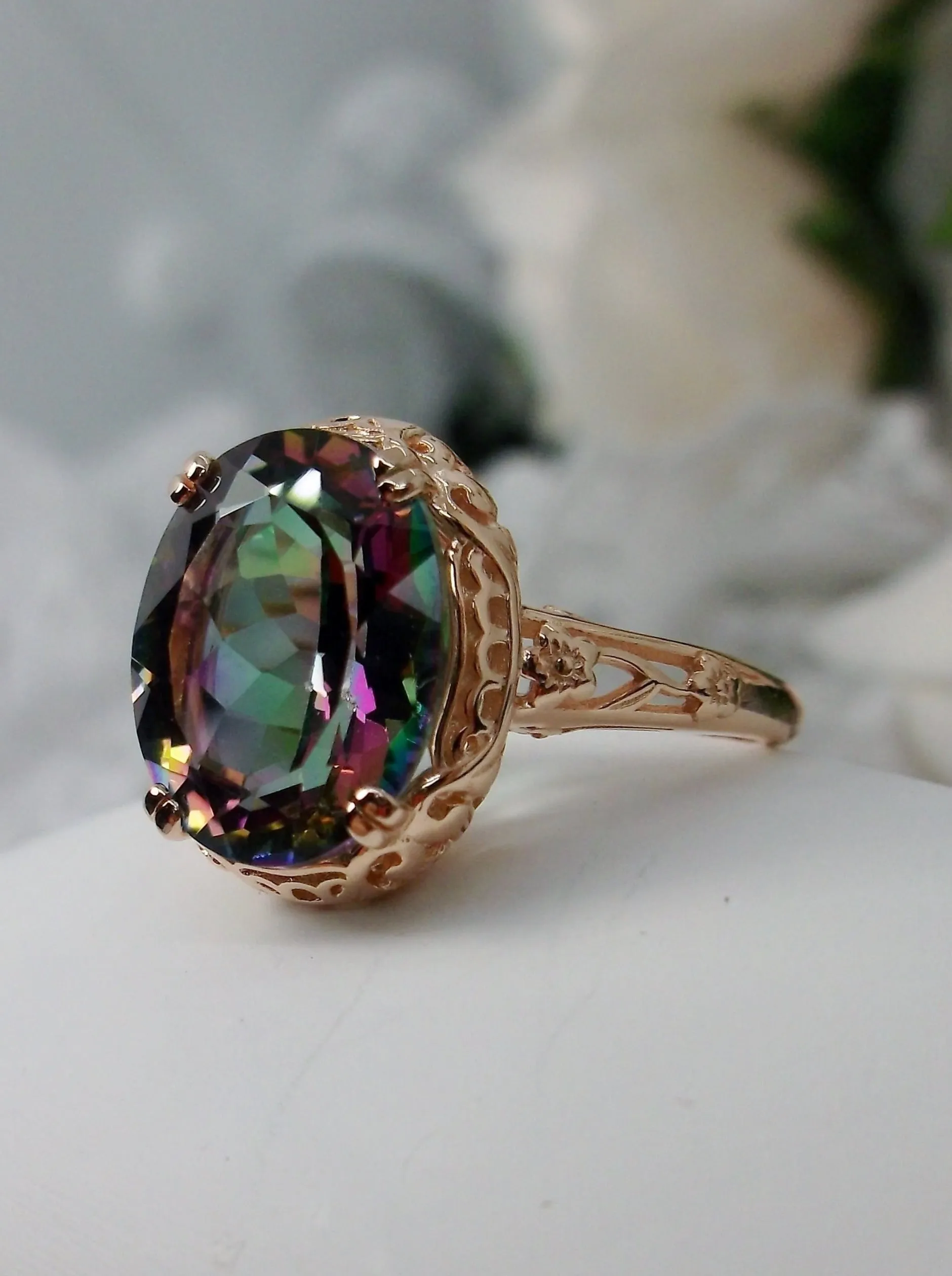Mystic Topaz Ring, Rose Gold plated, Natural Gemstone, Edwardian Jewelry #D70z