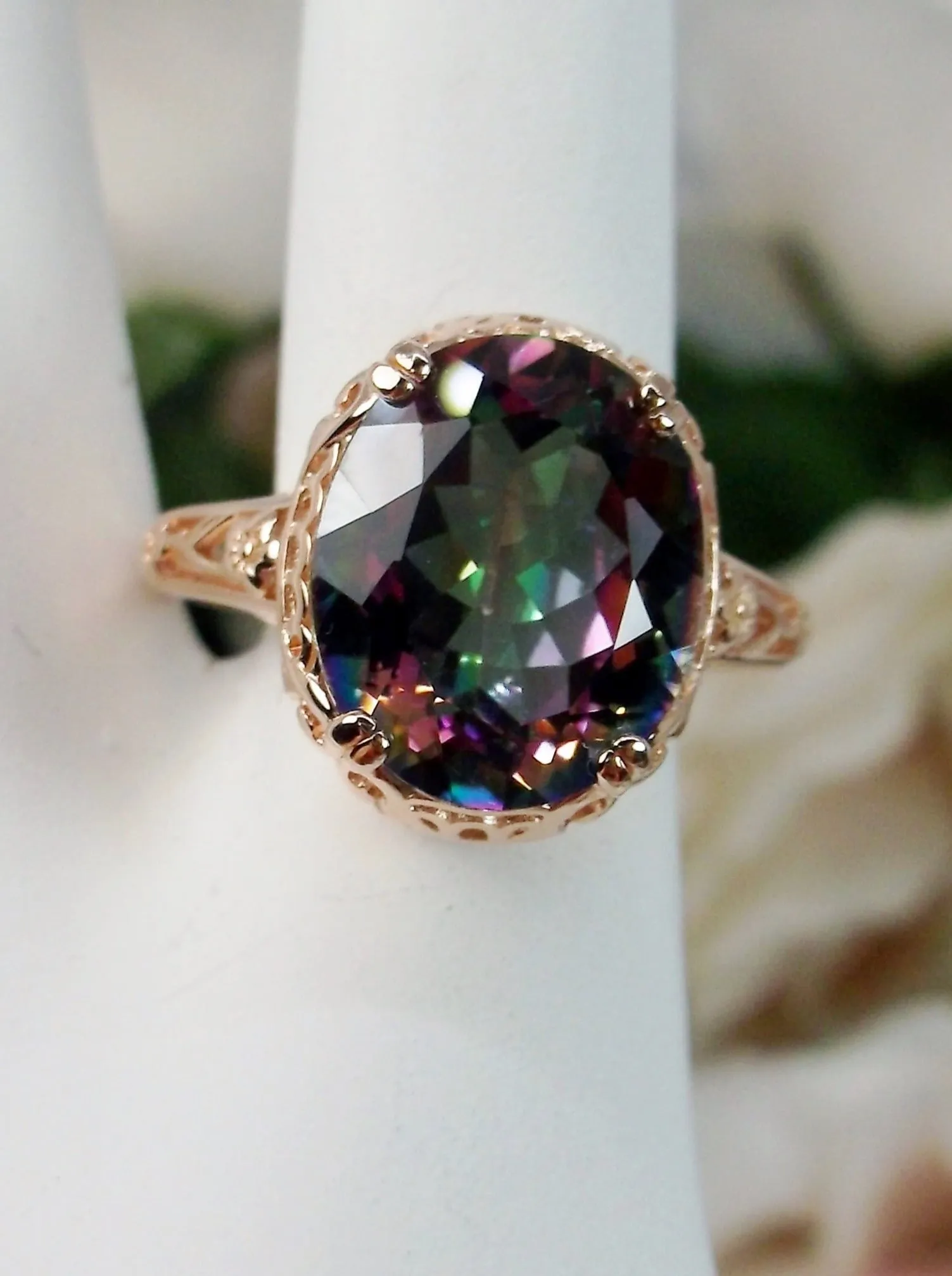 Mystic Topaz Ring, Rose Gold plated, Natural Gemstone, Edwardian Jewelry #D70z