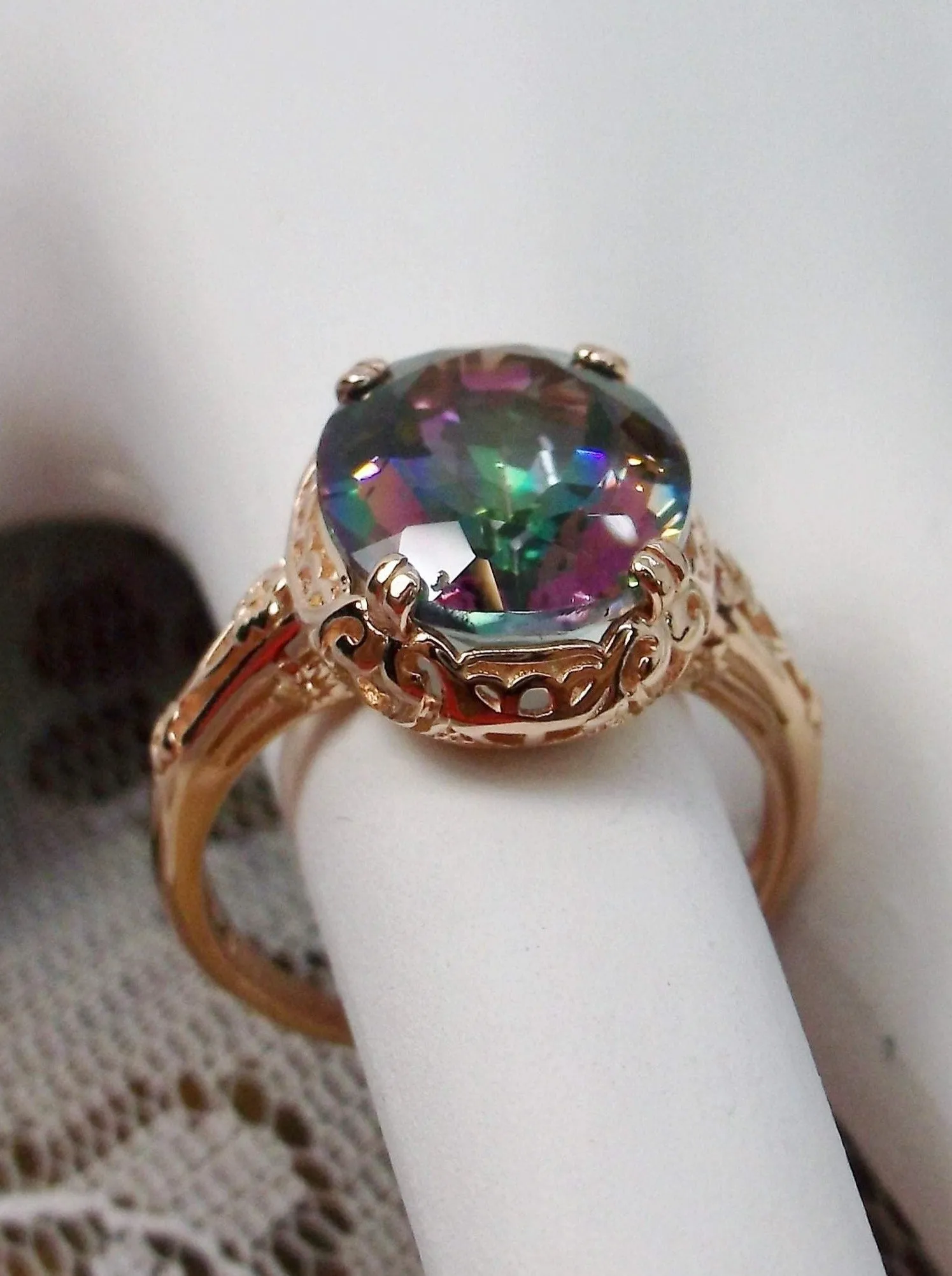 Mystic Topaz Ring, Rose Gold plated, Natural Gemstone, Edwardian Jewelry #D70z