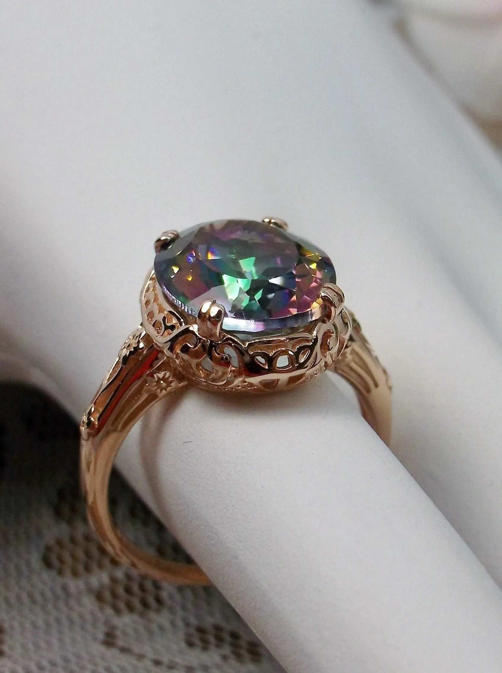 Mystic Topaz Ring, Rose Gold plated, Natural Gemstone, Edwardian Jewelry #D70z