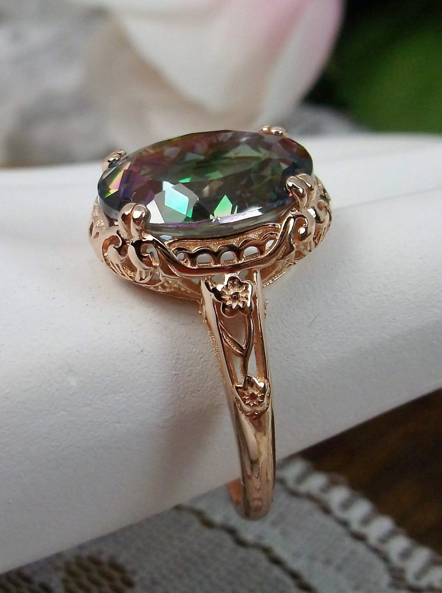 Mystic Topaz Ring, Rose Gold plated, Natural Gemstone, Edwardian Jewelry #D70z