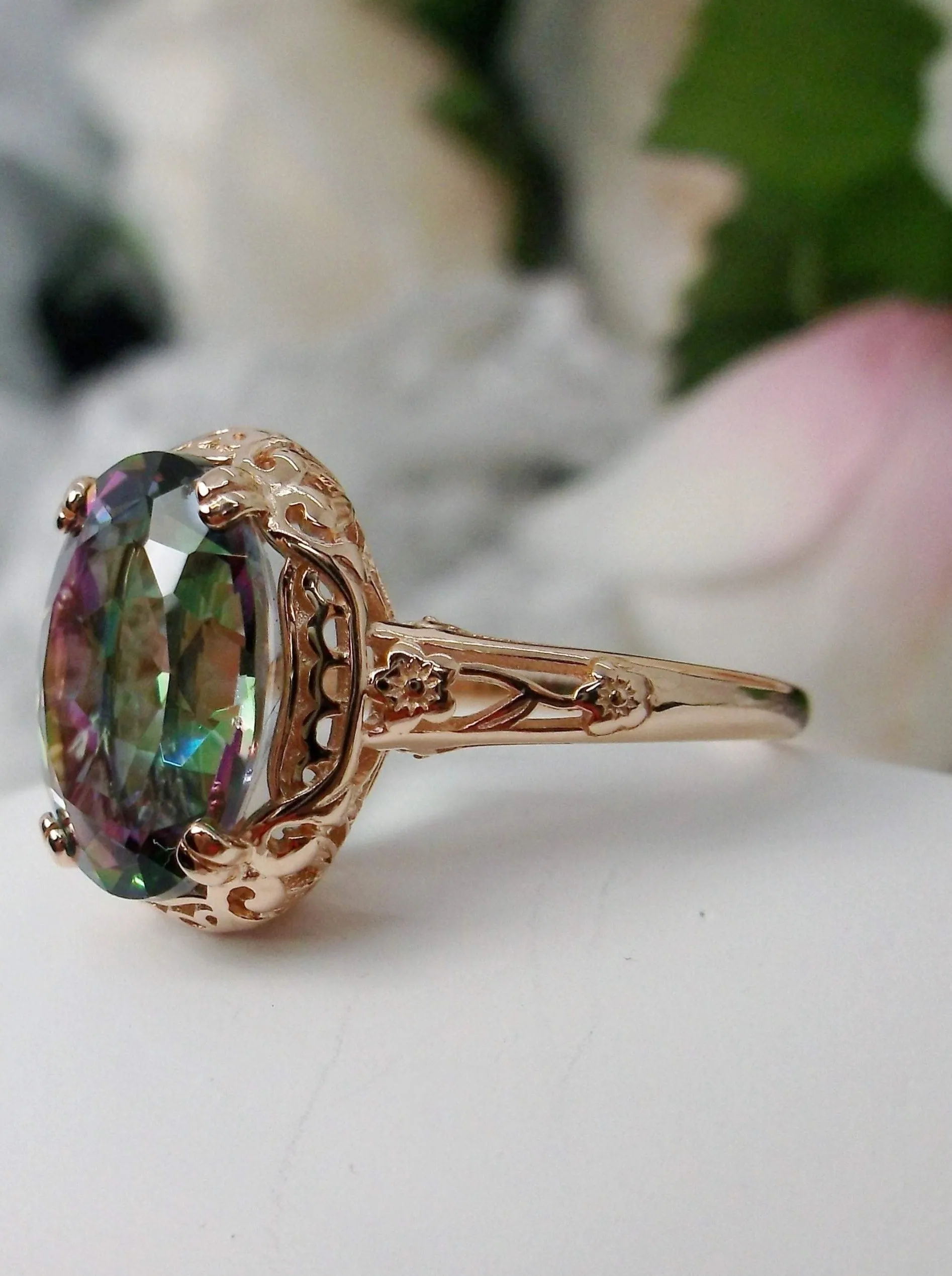 Mystic Topaz Ring, Rose Gold plated, Natural Gemstone, Edwardian Jewelry #D70z