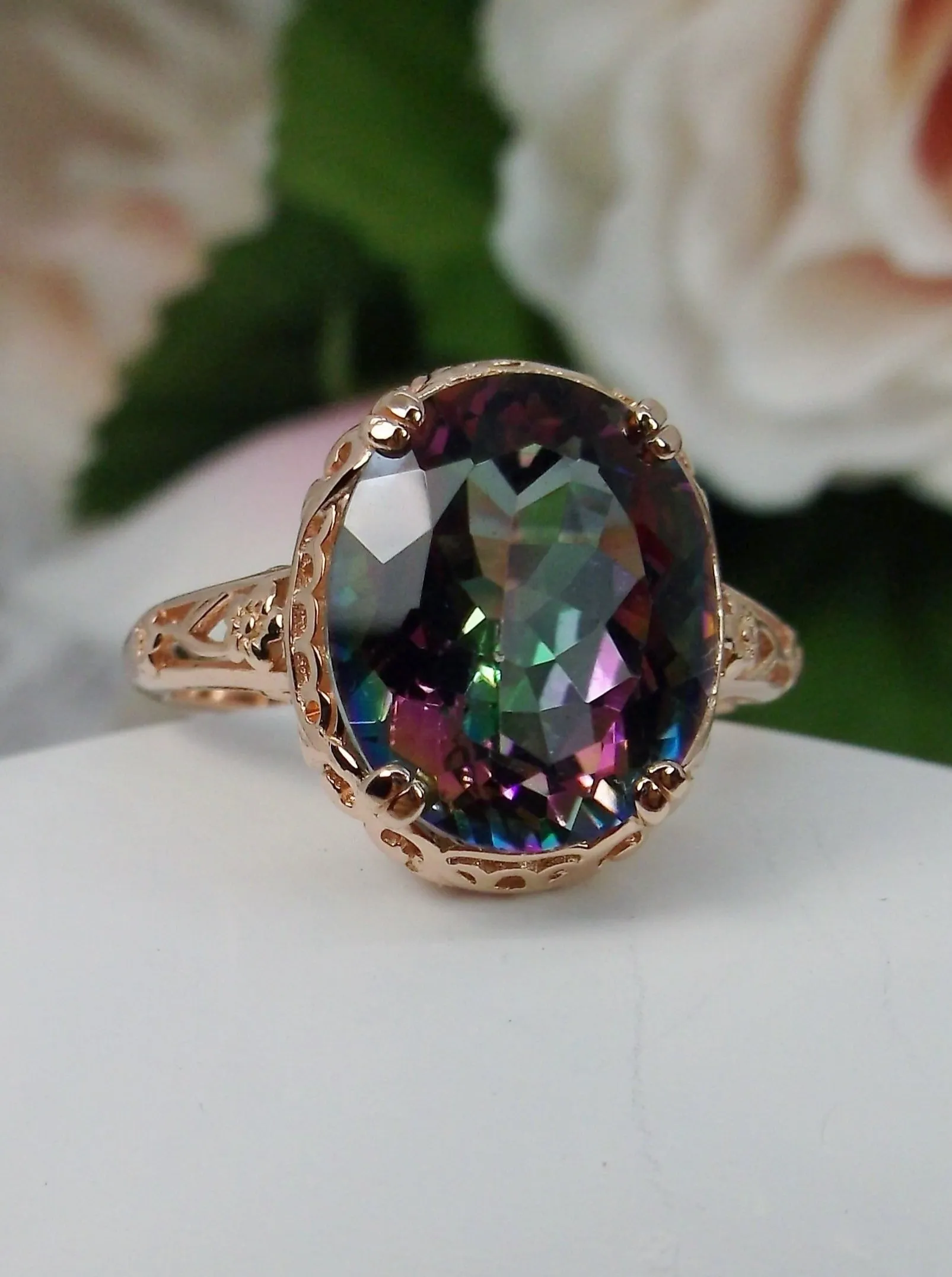 Mystic Topaz Ring, Rose Gold plated, Natural Gemstone, Edwardian Jewelry #D70z