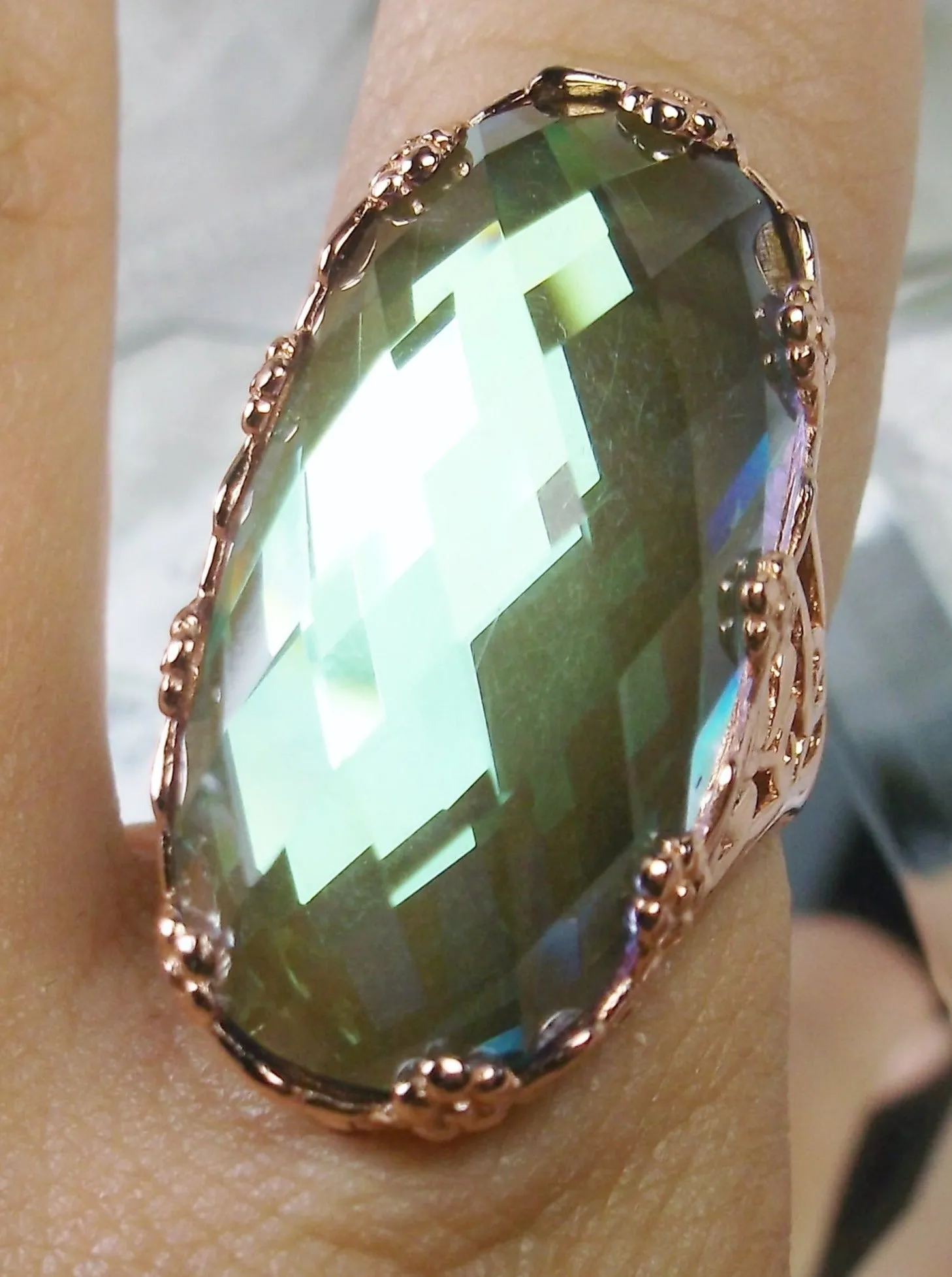 Mystic Topaz Ring, Rose Gold plated Sterling Silver, Large Oval gem, Vintage Jewelry #D97