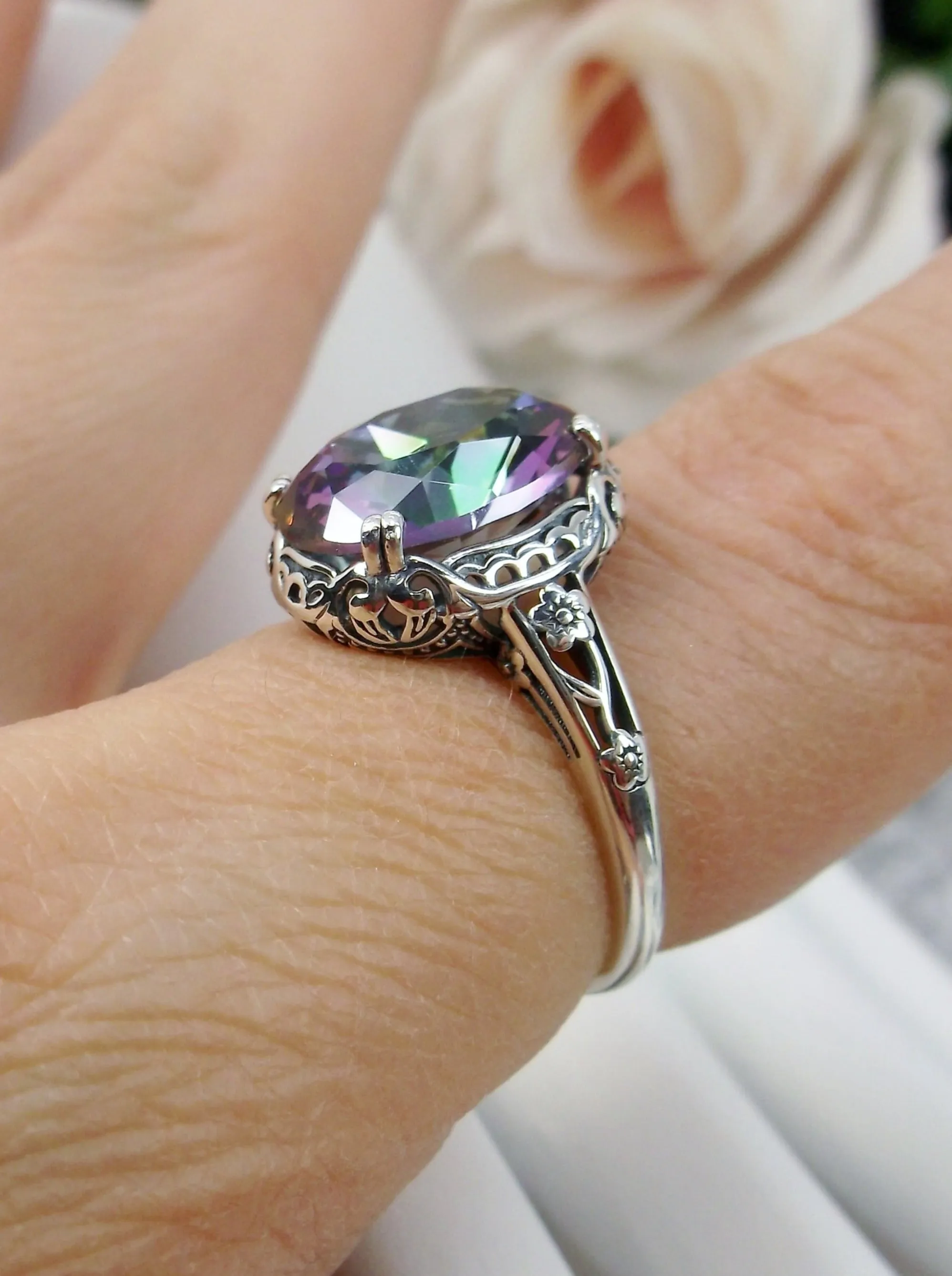 Mystic Topaz Ring, Simulated or Natural Gemstone, Edwardian Antique Reproduction Jewelry #D70z
