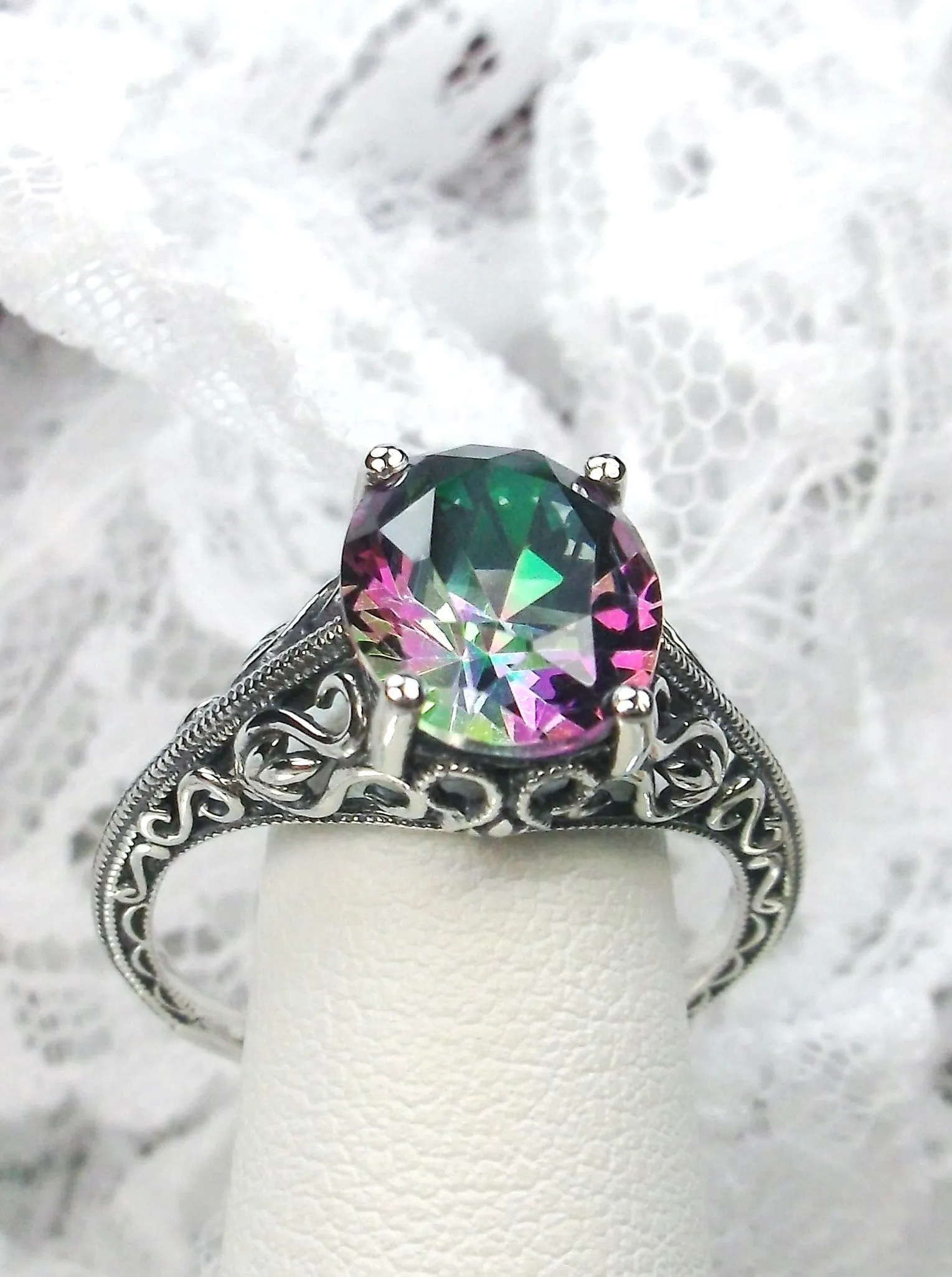 Mystic Topaz Ring, Swan Filigree, Art Deco Jewelry #D190