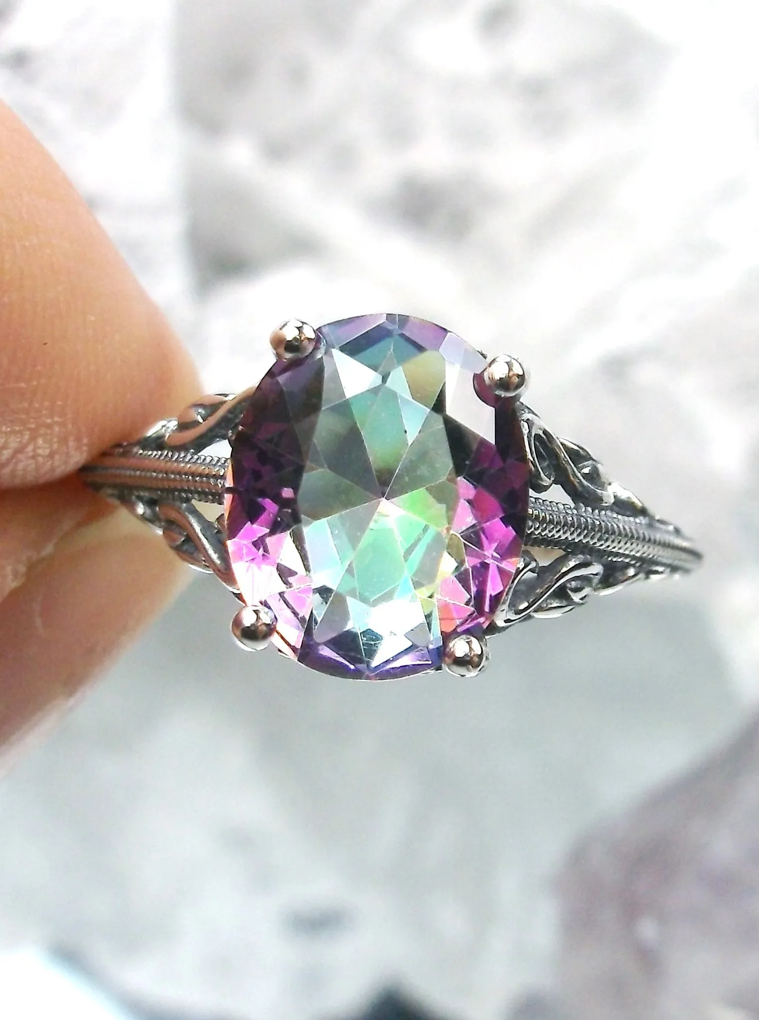 Mystic Topaz Ring, Swan Filigree, Art Deco Jewelry #D190